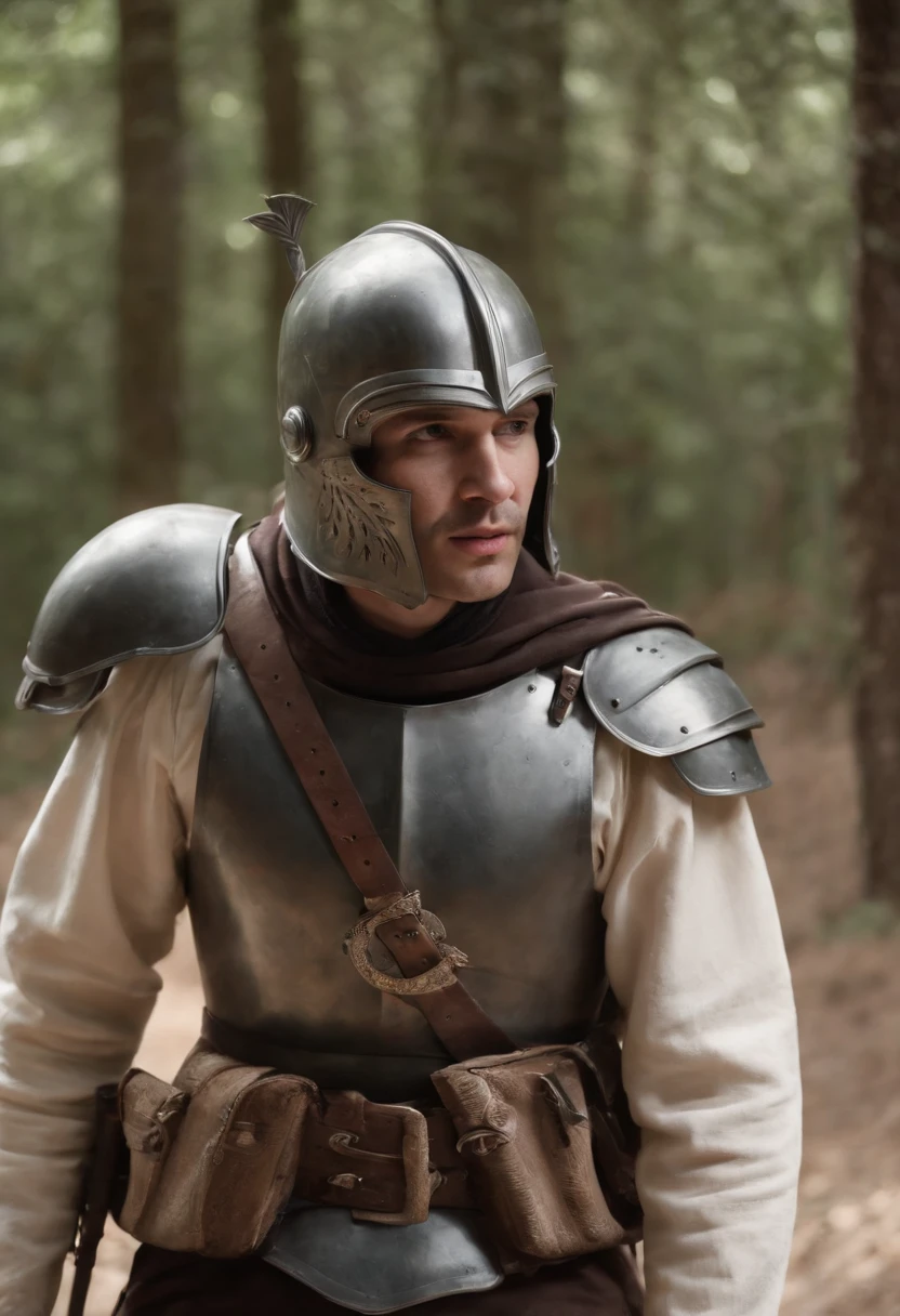 rosto de guerreiro espartano homem, com capacete arranhado, em batalha, com cicatriz no rosto, with lighting and shadow, preto e branco, 4k realista