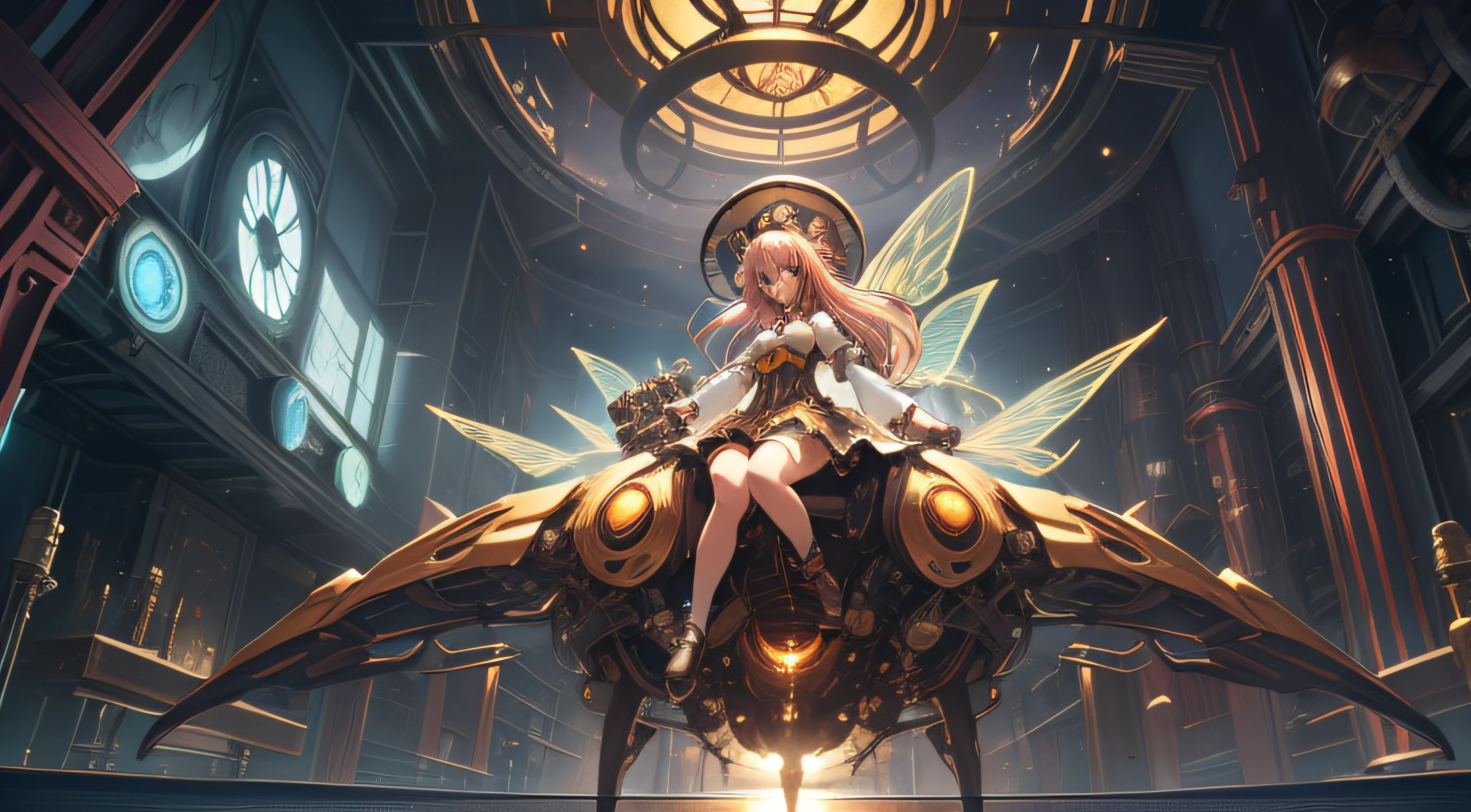 anime girl who embodies the concept of time.
She is riding a giant beetle that can tunnel through time and space, leaving temporary wormholes in its wake.
This beetle has butterfly-like wings made of glass, each containing different moments in time that the anime girl can access.
The girl is holding steampunk time machine. Parts of the machine are connected by transparent tubes with green liquid.
They are kept by small drones with long tentacle-like manipulators.
The hat of this girl is multicolored whirling energetic field with fluctuations of energy.