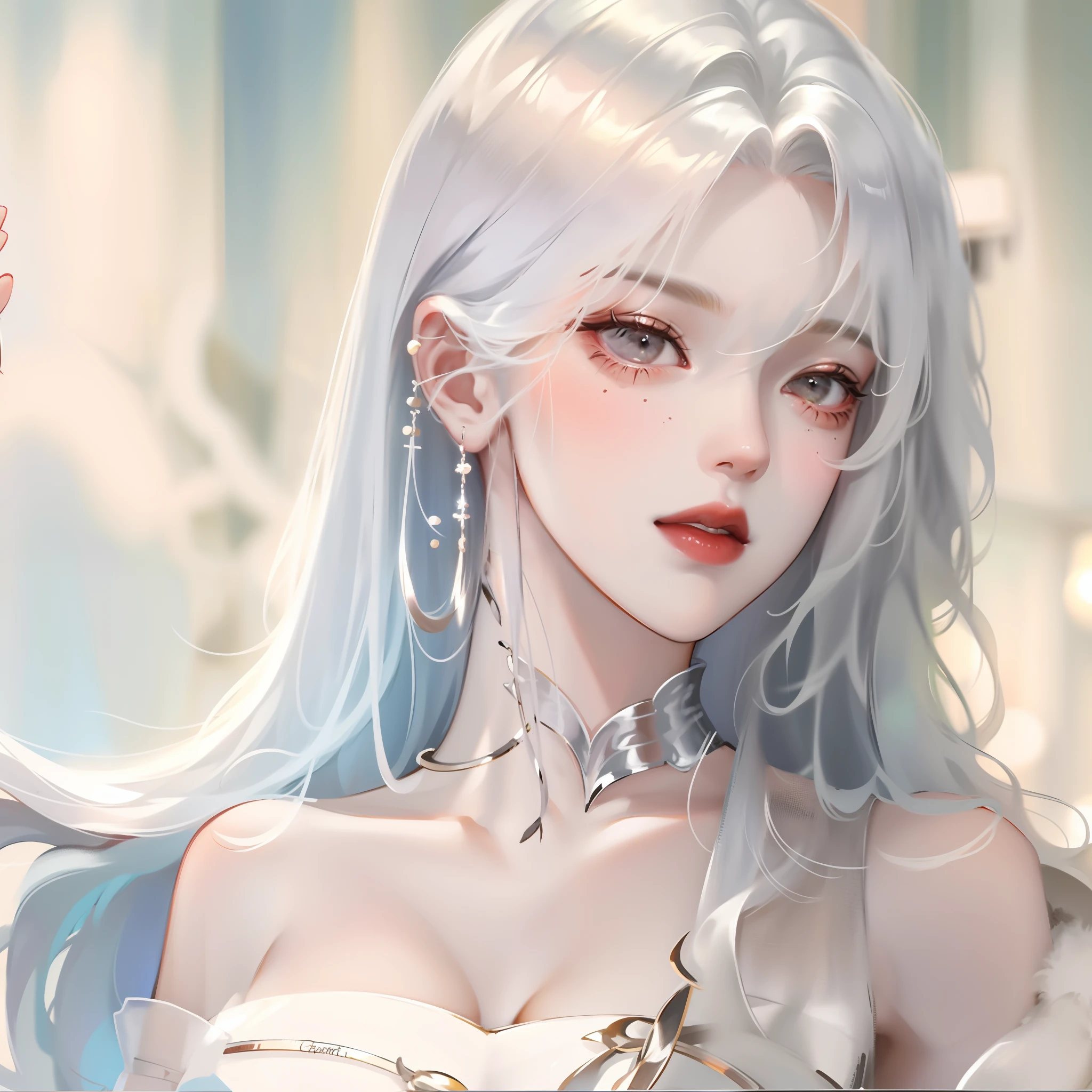 Tall beautiful woman with white hair in a school