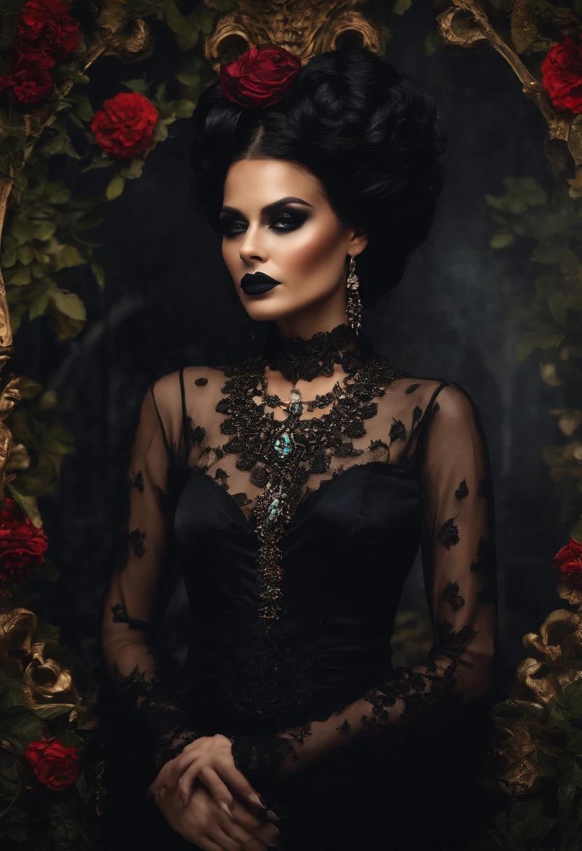 mulher necromante, vestido preto, detalhes preto, batom preto, cabelos pretos lisos, caveira.