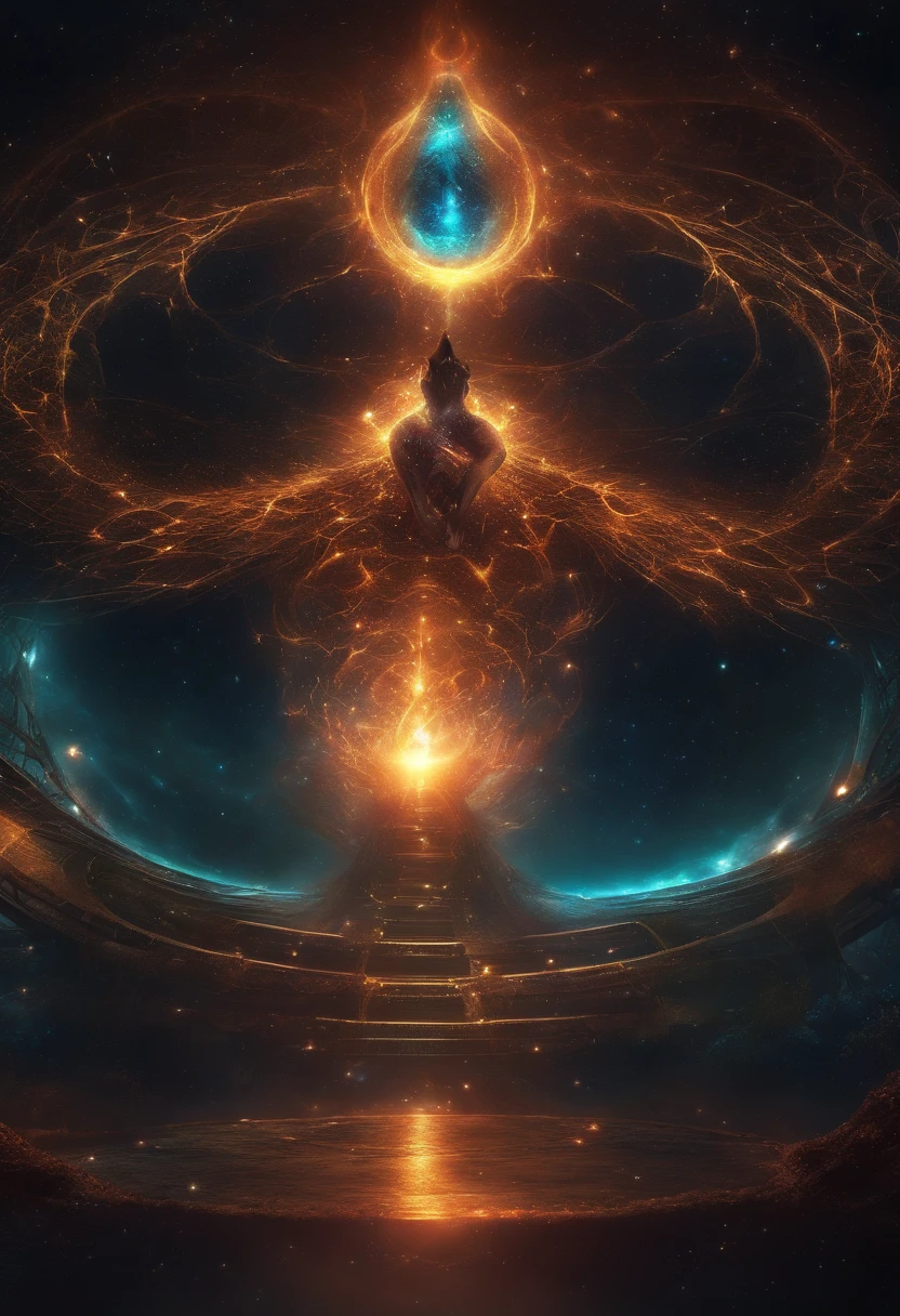Cosmic serafim, glowing light eyes, Biomechanical, eerie, Creepy, nightmarish, Very bright colors, Light particles, with light glowing, Mshiff, wallpaper art, UHD wallpaper