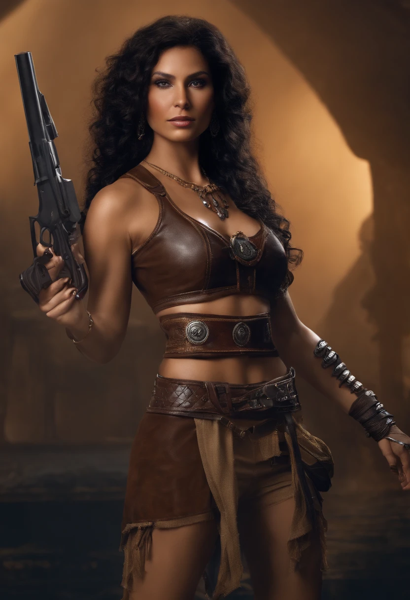 High-quality ultra-realistic image of a woman. The woman is a mixture of Native American and Jewish. Strong features, peau claire. Dark brown curly hair, dark eyes. The woman is dressed in a semi-futuristic combat outfit. She has guns and knives tied around her body. La belle femme a un sourire narquois. Ses yeux brillent de haine.
