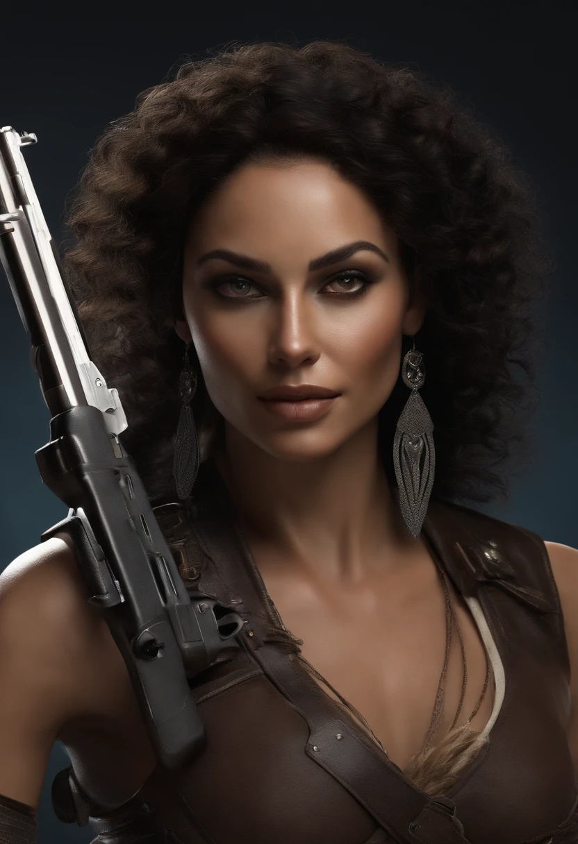 High-quality ultra-realistic image of a woman.  The woman is a mixture of Native American and Jewish.  Strong features, peau claire.  Dark brown curly hair, dark eyes.  The woman is dressed in a semi-futuristic combat outfit.  She has guns and knives tied around her body.  La belle femme a un sourire narquois.  Ses yeux brillent de haine.