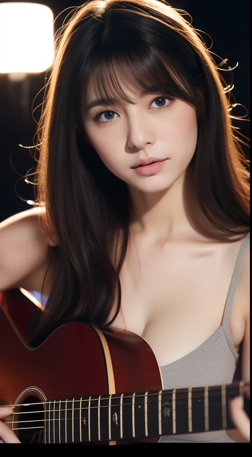 1 Realistic pictures of cute Japan stars, Floating hair, White skin, Thin makeup, 32 inch breast size, Wearing a gray V-neck tank top, Playing guitar, At the Night Bar, Close-up portrait, dithering, nffsw