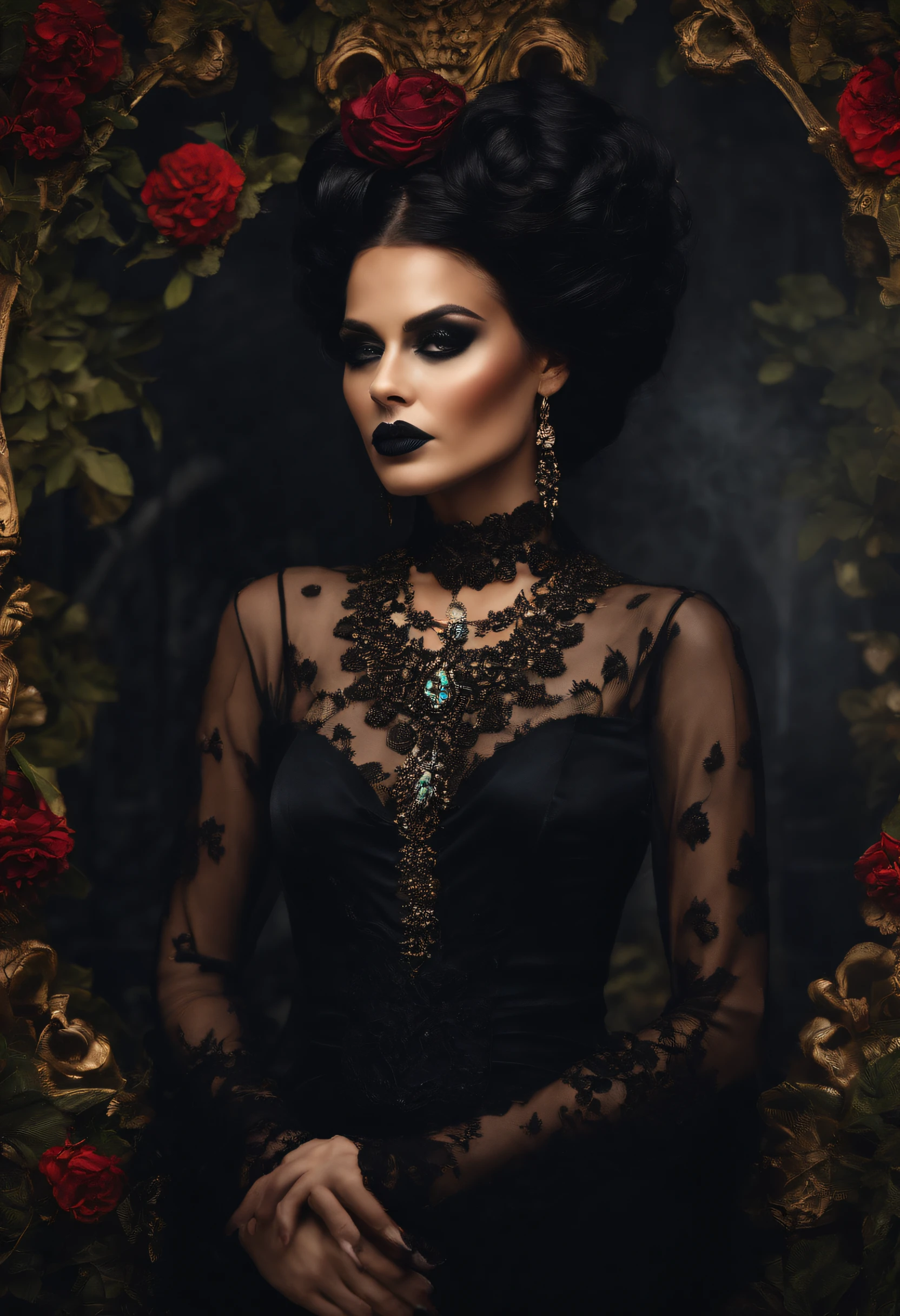 mulher necromante, vestido preto, detalhes preto, batom preto, cabelos pretos lisos, caveira.