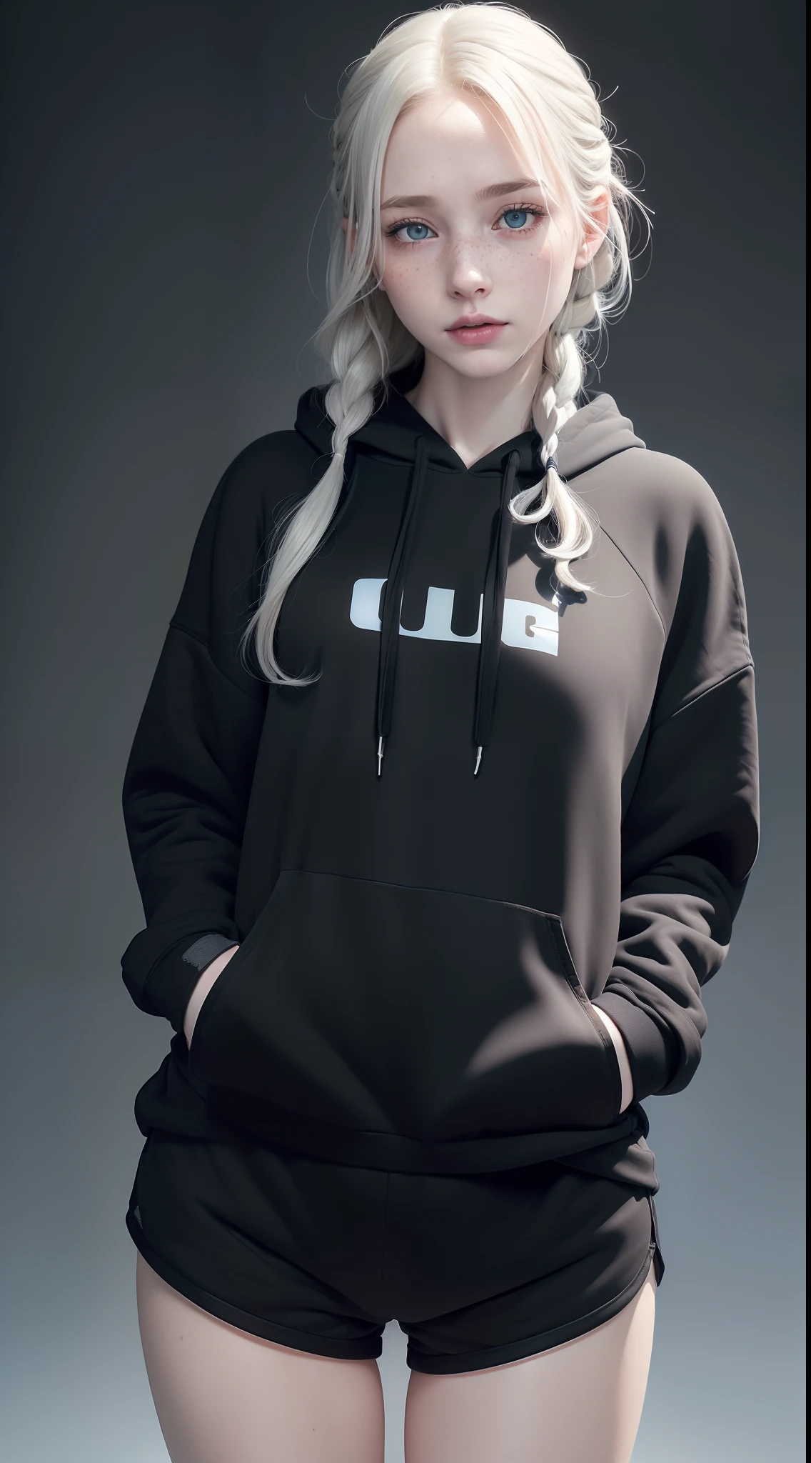 (Sitting on ground,legs up),1girl,pale skin,white long hair,delicate face,heterochromia eyes,freckles,(black hoodie),small waist,(wide thigh gap:1.3),white background,(best quality:1.2,ultra-detailed,realistic:1.37),portrait,soft colors,polished lighting