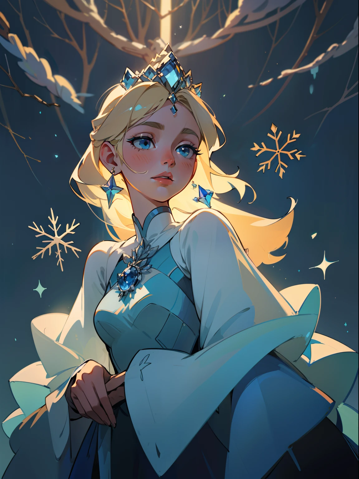 The prompt for generating the image of "the princess of the month of January" is as follows:
Best quality, 4K, high-res, HDR, ultra-detailed, realistic:1.37, vivid colors, masterpiece:1.2, sharp focus,
A girl with a crown,
Blue eyes that sparkle like sapphires,
Fair and flawless complexion,
Long, flowing blonde hair,
Wearing an elegant ball gown made of shimmering ice-blue fabric,
A silver tiara adorning her head,
Surrounded by delicate snowflakes,
Standing in a winter wonderland,
Soft, warm sunlight filtering through the snowy trees,
A light dusting of frost on the ground,
A sense of enchantment and magic in the air,
An aura of regal grace and elegance,
January-themed decorations in the background,
A sense of serenity and peace.
Medium: Digital painting,
Art style: Portraits,
Color tone: Cool tones with hints of icy blues,
Lighting: Soft, diffused light with a touch of warmth.
Remember to format the prompt as a single line with tags separated by commas (",").