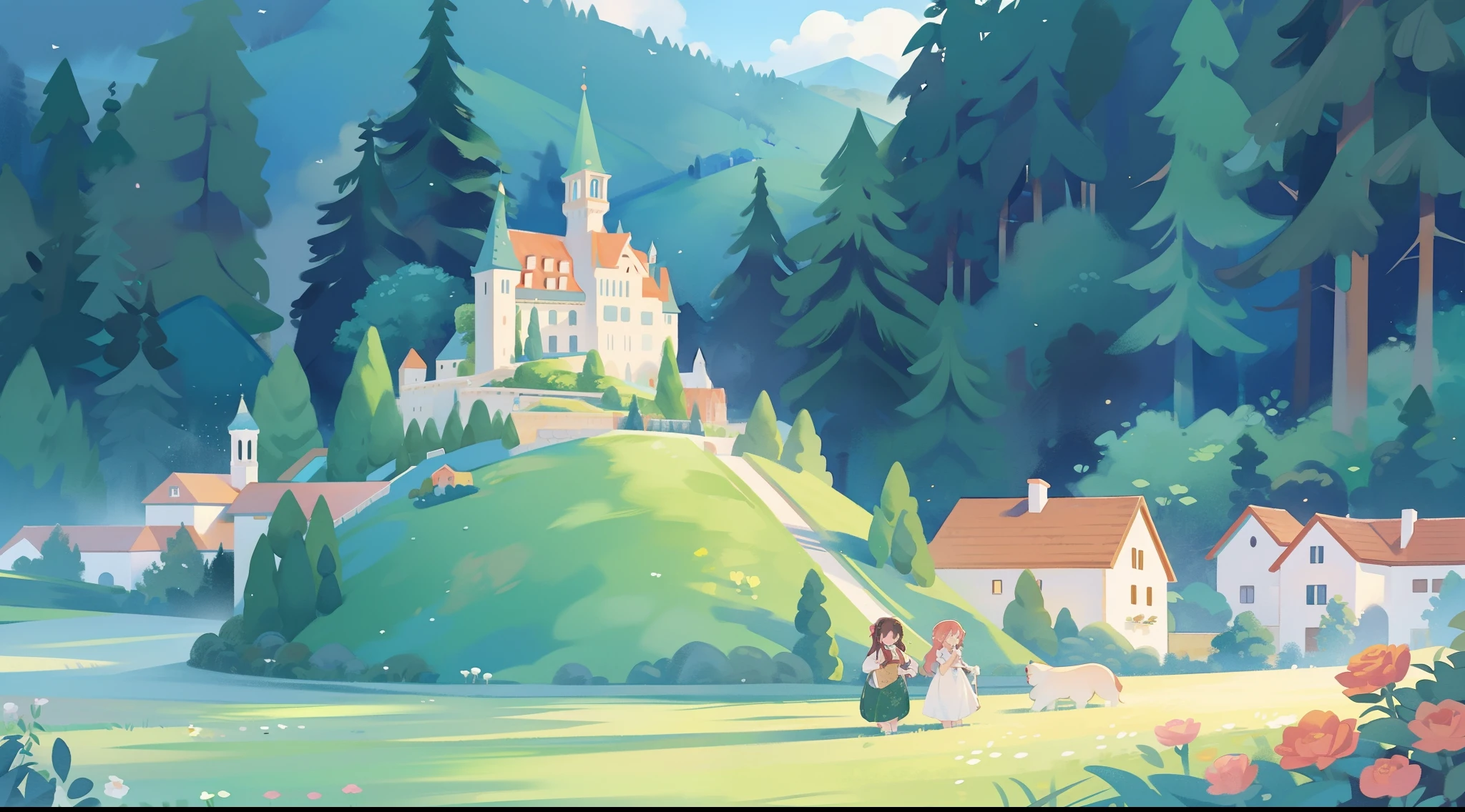 watercolor storybook illustration, hidden huge whimsical asymmetrical castle, warm colors, colorful flower garden, overgrown vines and plants, trees and bushes, ((fairytale castle)), princess castle, storybook castle surrounded by village, cottages, people