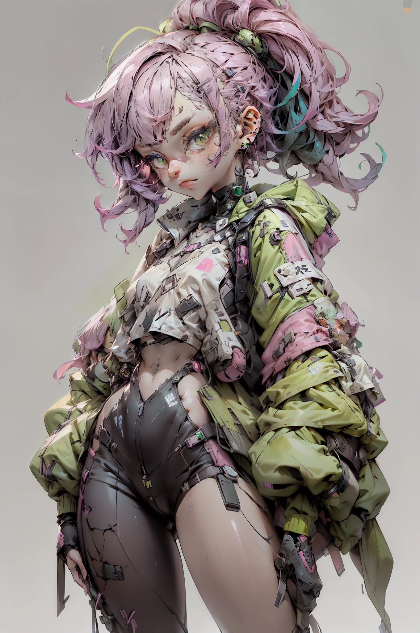 (split haired girl with pink and green),(Short Bangs with long hair),Split dye hair pink and green hair color,black tshirt,cyberpunk background,Oversized shirt,choker,