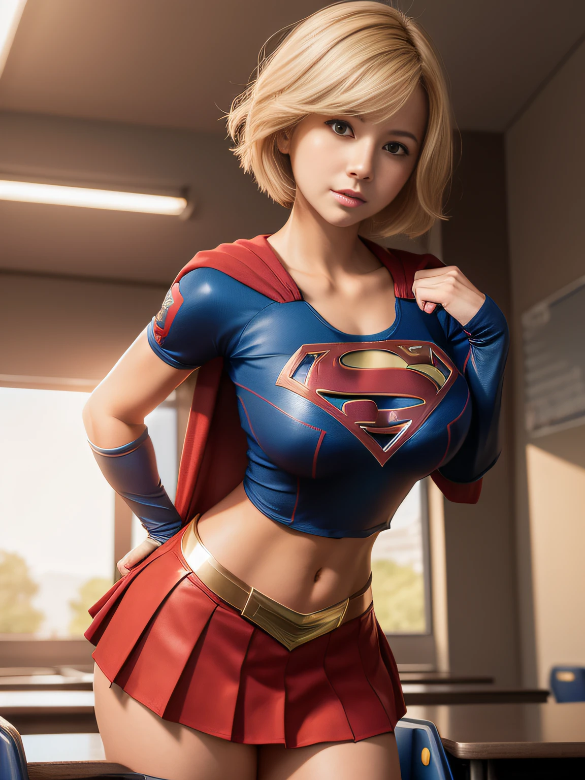 ​masterpiece、Short-haired Supergirl、Gymnasium、gymnastic suit、bare-legged、Looking at the camera、Large breasts、Too short miniskirt、High-leg retard