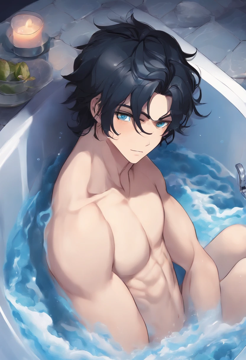 anime young man with blue-black hair naked in bathtub with foam