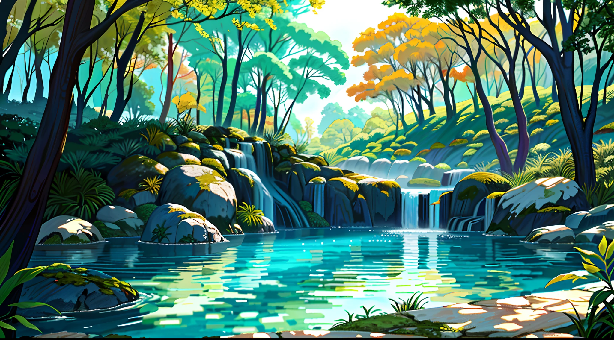 Un bosque encantado, with green trees, Un lago con agua cristalina que pasa en el medio, Un puente de madera que cruza el lago, cisnes en el lago, Una gran tortuga antigua en el fondo, La luz del sol cruza el bosque, Reflejos del sol en el agua, Delicados iamgens, Disco duro,