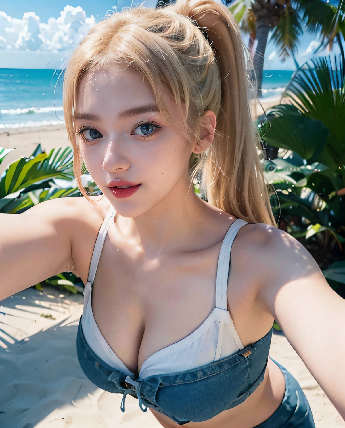 1girl, (Blue eyes), laughing, (Sana Minatozaki), cute makeup, (close-up at face :1.3), wide hips, Big Boobs, big ass, (Best Quality, 8k, Masterpiece: 1.3), Clear Focus: 1.2, Perfect Body Beauty: 1.4, Slender Abs: 1.2, Highly detailed face and skin texture, detailed eyes, double eyelids, red lips, (blonde ponytails hair), (white tanktop), (denim shorts), standing, (taking selfie :1.2), in the beach, palm tree in the background, deep on field
