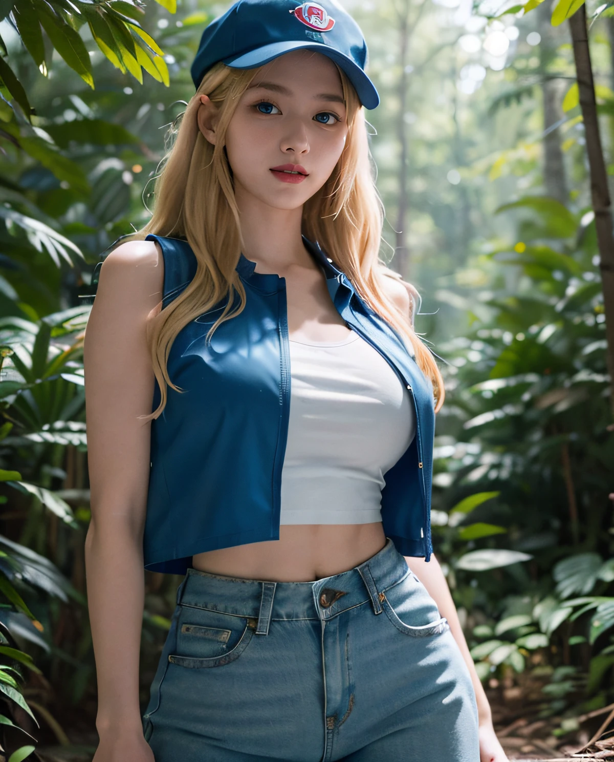 1girl, (Blue eyes), smiling, (Sana Minatozaki), wide hips, Big Boobs, big ass, (Best Quality, 8k, Masterpiece: 1.3), Clear Focus: 1.2, Perfect Body Beauty: 1.4, Slender Abs: 1.2, Highly detailed face and skin texture, detailed eyes, double eyelids, red lips, (blonde long hair), white t-shirt, (blue vest :1.2), (tight jeans), (red sports cap), (green backpack), standing, (in a forest), trees in the background, deep on field