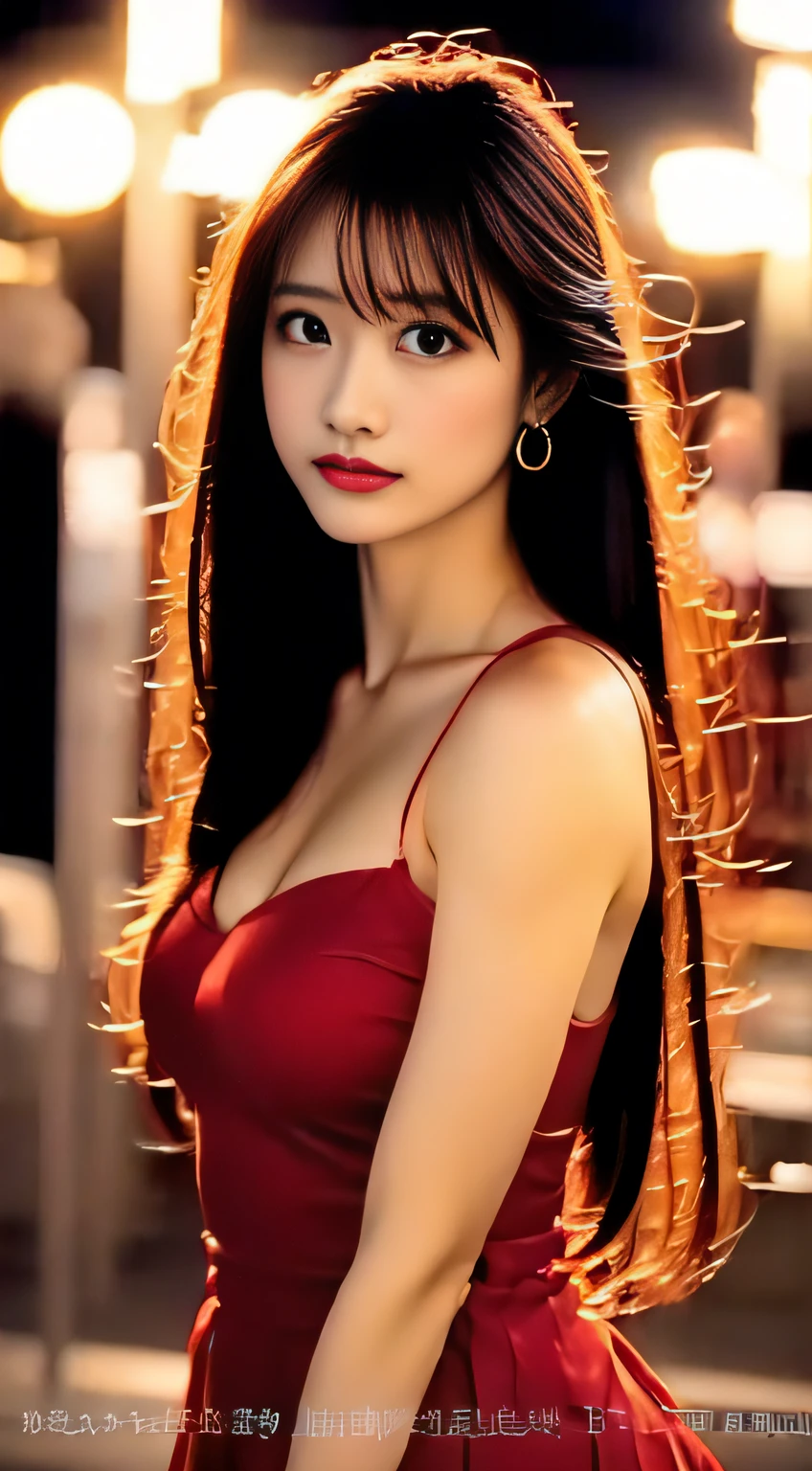top-quality。８K-Picture。Ultra-high pixel。The background is the city at night。girl with。hair is long and slightly wavy,,,,,,,,,,,,,,,,,,,,,,,,,,,,,,,,,,,,,,,,,,,,,,,,,,,,,,,,,,,,。The color is dark brown。Glamour style、((huge-breasted：1.8))。wearing red dress、Photos dancing brilliantly。Delicate finish overall。The body line is gorgeous。legs are long、Wear red high heels。((Hair shines like a reflection of the street。The eyeball reflects the surrounding landscape。The skin is wet with night dew))。Almost perfect woman。((time々In close-up of the upper body))。The second highlighted part々I want you to express it in close-ups。