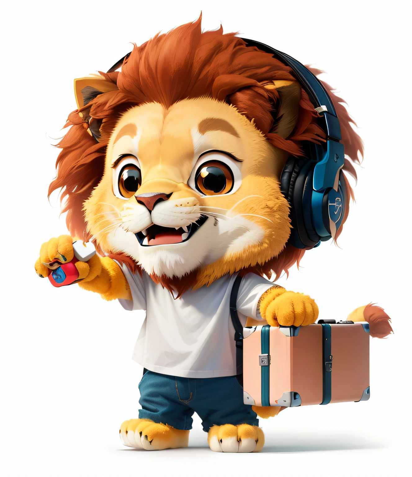 Cartoon lion with headphones and a suitcase, promotional render, animation character, Cute lion, foto comercial do brinquedo, Personagem Toonix, mascote de corpo inteiro, personagem bonito dos desenhos animados, Mascot illustration, personagem de desenho animado, arte oficial, 2 d full body lion, arte oficial do personagem, mascote de cereais, Arte Oficial, painting digital adorable, official character illustration