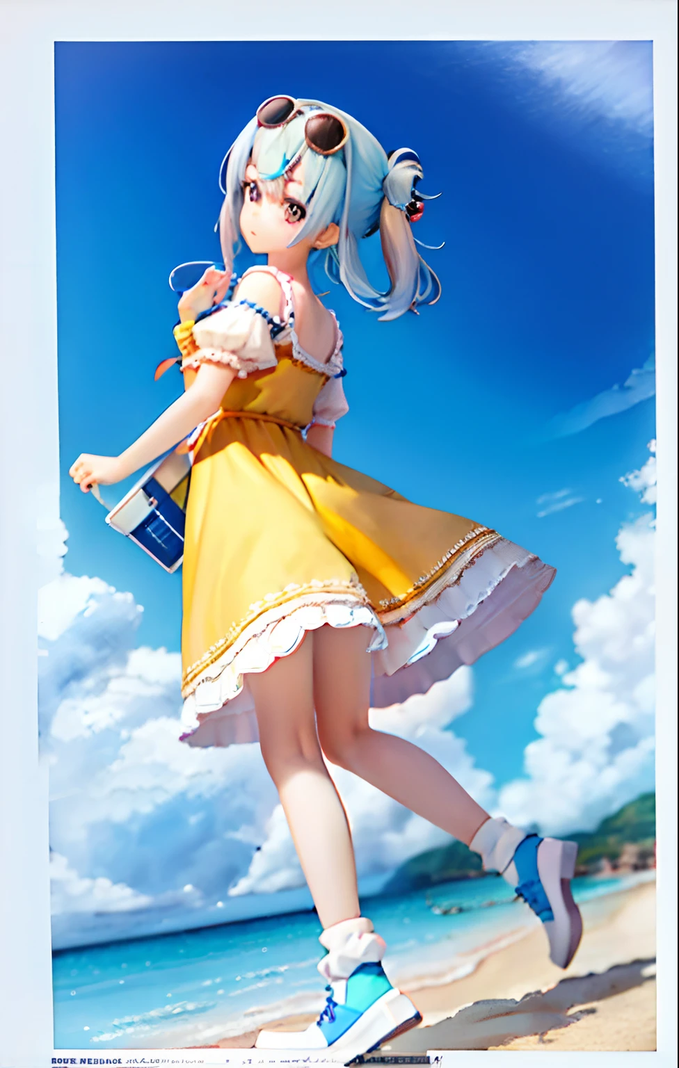 Pola, 1girl, yellow dress, blue hair, white socks, glasses on the head, aviator glasses, beach, looking back, shaving ice