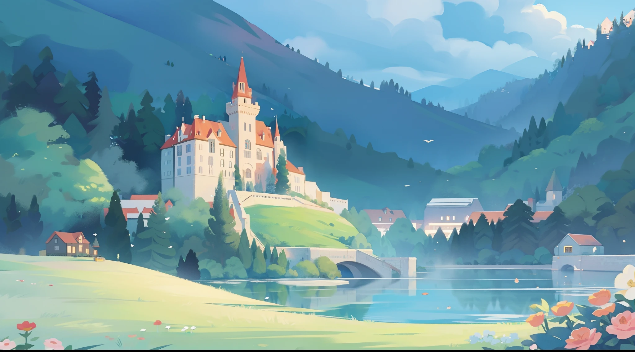 watercolor storybook illustration, hidden huge whimsical asymmetrical castle, warm colors, colorful flower garden, overgrown vines and plants, trees and bushes, ((fairytale castle)), princess castle, storybook castle surrounded by village, cottages, people