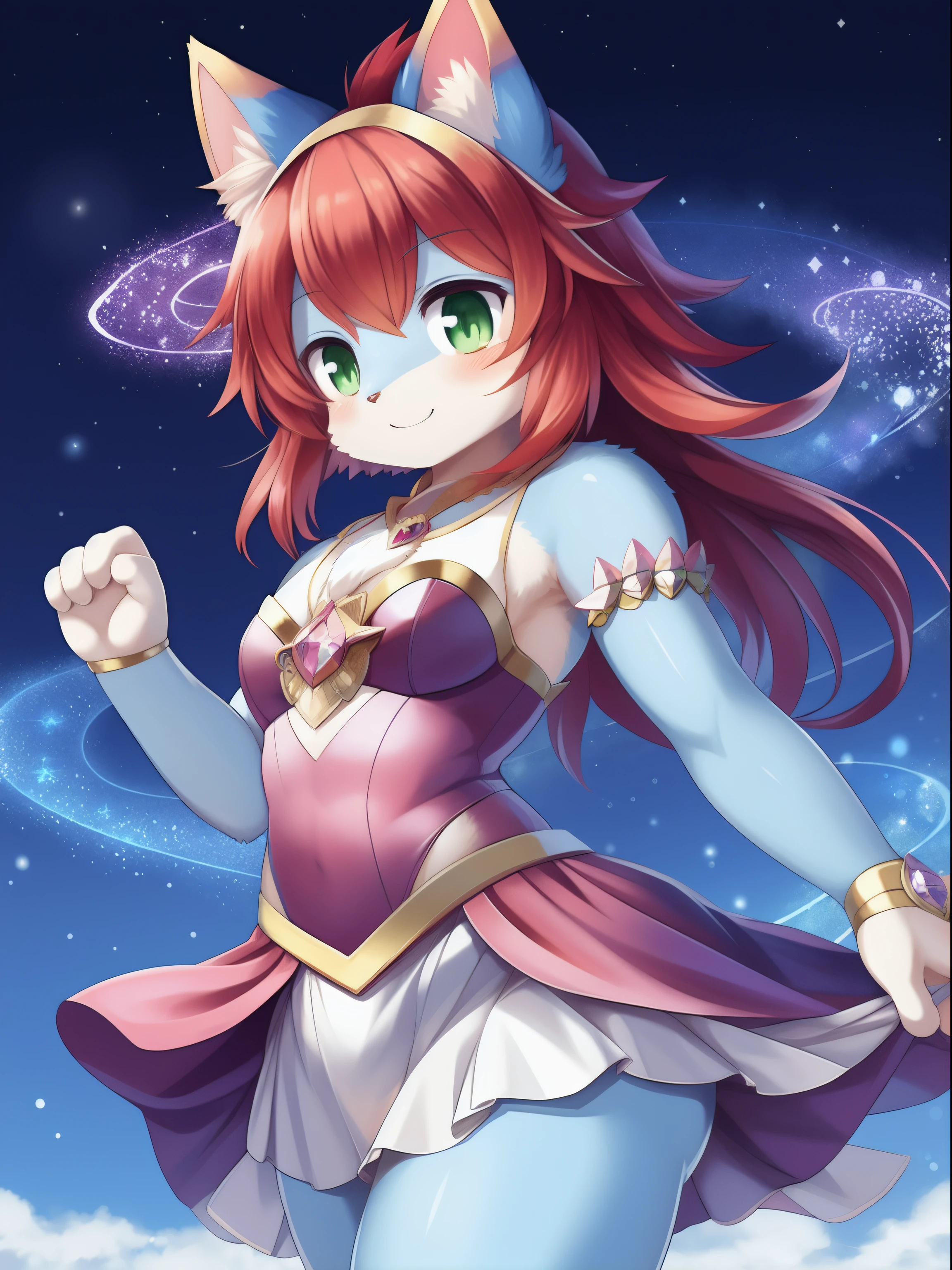masterpiece, soft shading, 1boy, Furry, kemono, furry cat, anthropomorphic, male, red fur, red skin, blue eyes, magical girl theme, long hair, revealing clothes, magical girl outfit, blue magical girl dress, femboy, sexy pose, uploaded on e621,