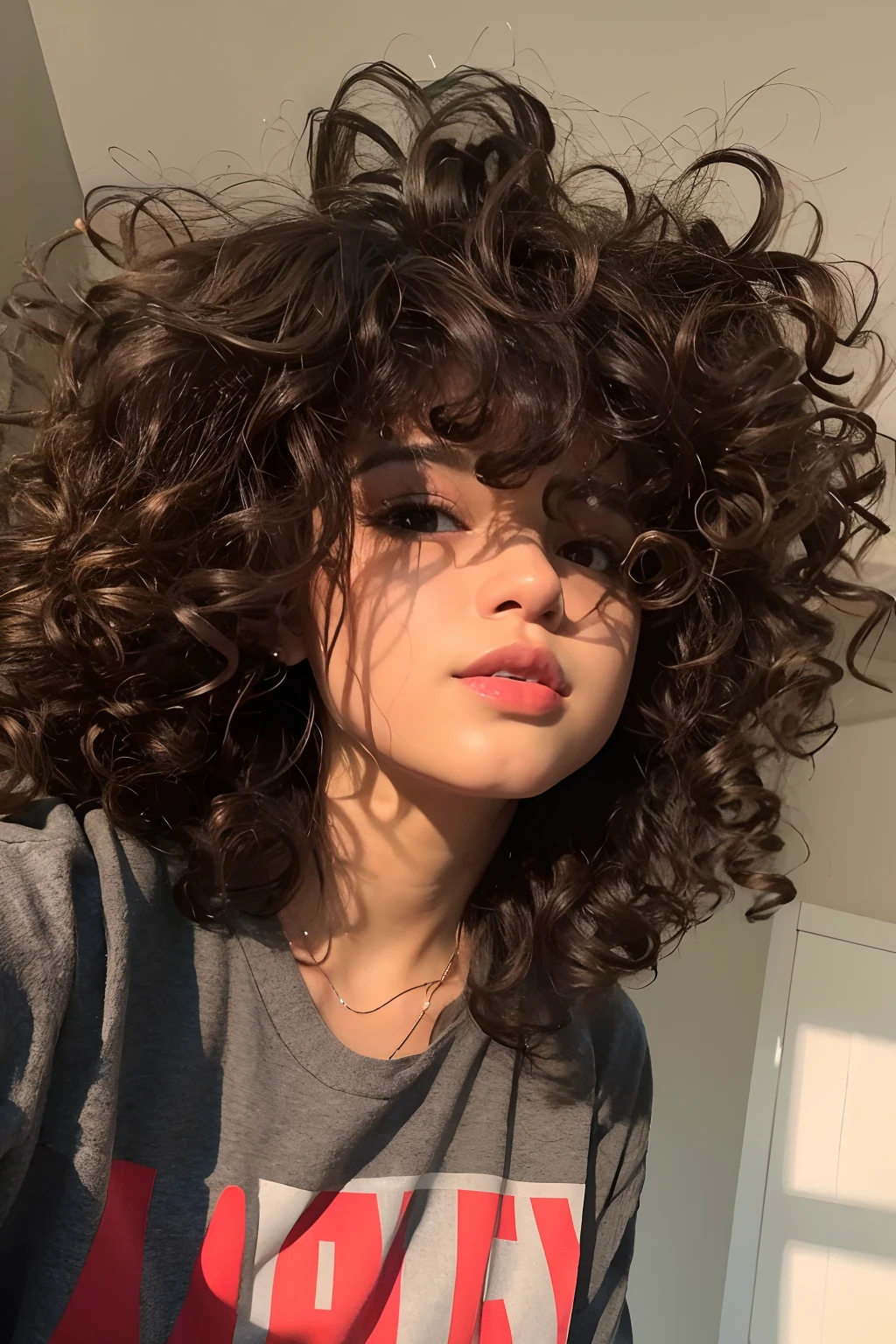 Un primer plano de una mujer con el pelo rizado y una camiseta, flequillo rizado, (dark shorter curly hair), cabello rizado desordenado, Cabello rizado y corto, Rizado afro, pelo rizado, cabello negro rizado, cabello oscuro rizado, cabello rizado corto oscuro sonriendo, cabello rizado, brown curly hair, rizos en la parte superior, cabello negro rizado, cabello corto y rizado