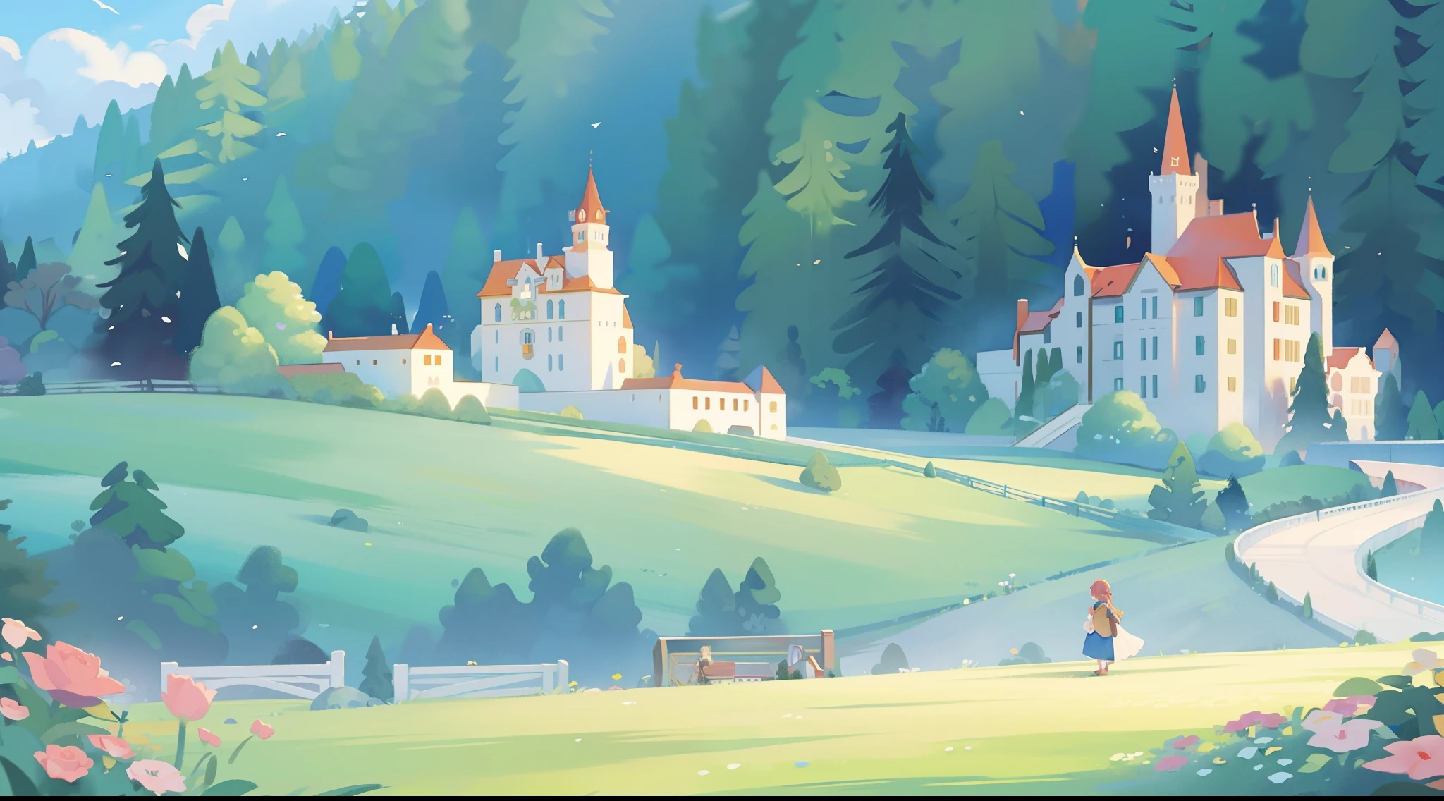 watercolor storybook illustration, hidden huge whimsical asymmetrical castle, warm colors, colorful flower garden, overgrown vines and plants, trees and bushes, ((fairytale castle)), princess castle, storybook castle surrounded by village, cottages, people