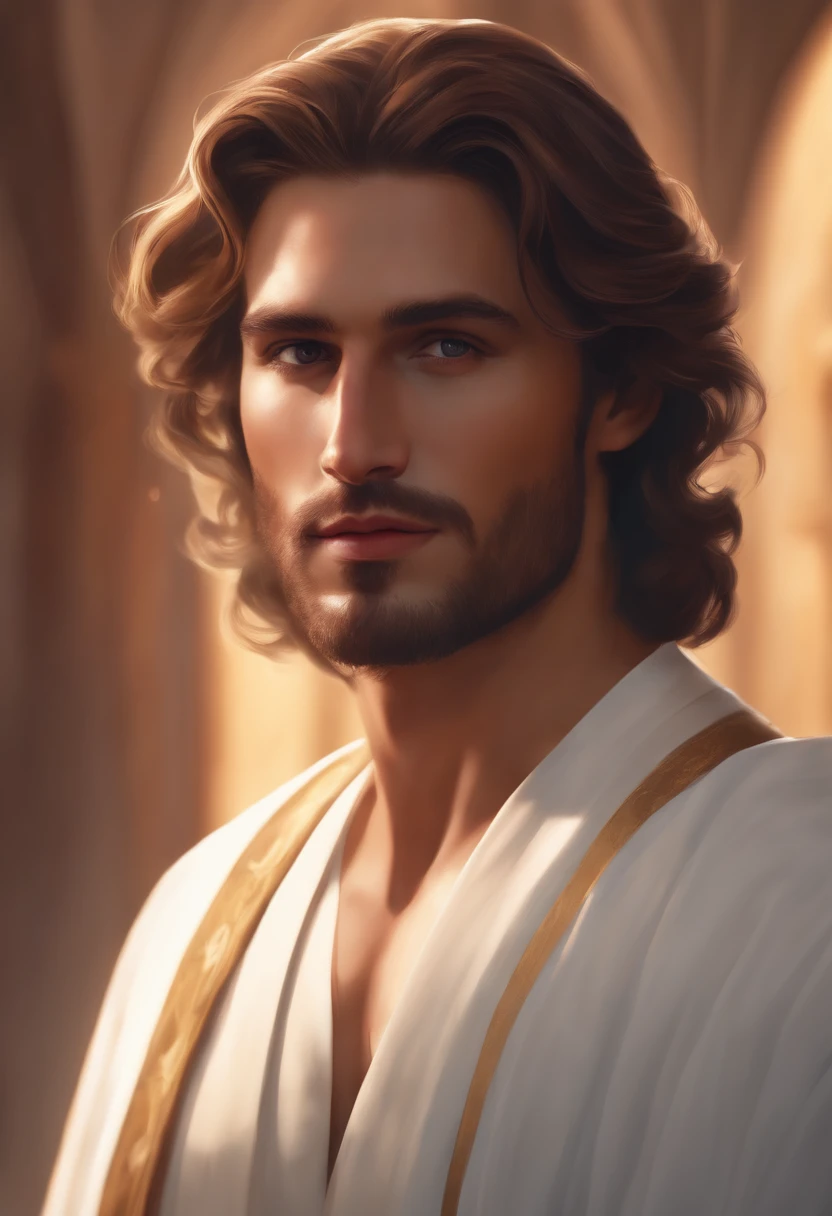 a Jesus Christ, handsome man, gorgeous face, show by 4k, wearing white robes, energetic brushstrokes, intricate work of art sinister, golden Ratio, in cgsociety trends, difficult, epic, from artgerm, Ilya Kuvshinov, Greg Rutkowski, Alphonse Mucha, very detailed bright, staged character rendering, super high quality model, handsome face, bokeh background, ancient jewish background