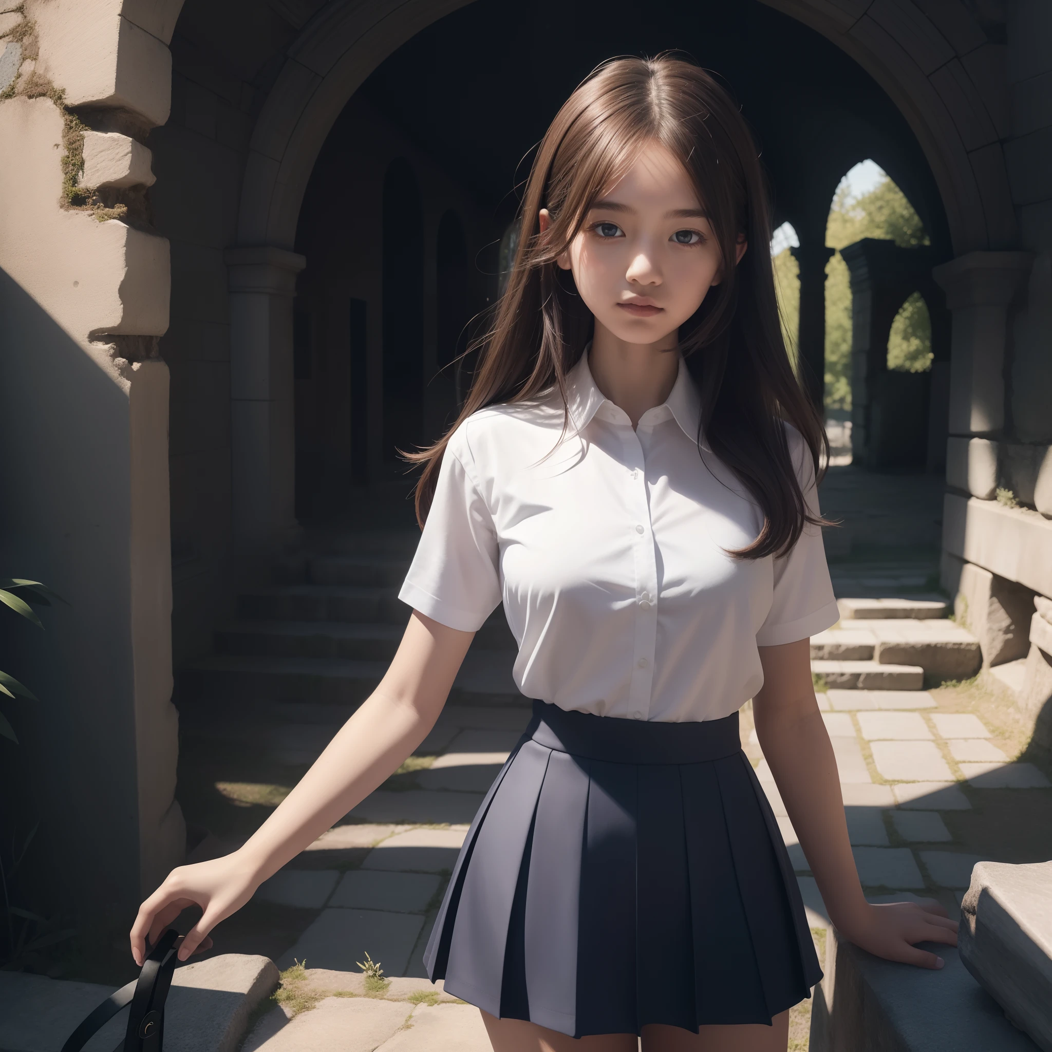 Chiaroscuro, Atmospheric perspective, masutepiece, Super Detail, High quality, awardwinning, 8K, (girl), Solo, High School Uniform, Short dark blue skirt, White shirt, Short sleeve, White shirt, Upper body, (close-up), standing at front, Ruins, Magnificent stone bridge, Medieval, River, old city, Night, Starry sky, In Europe, Cinematic Light, vignetted, god rays, Detailed fingers