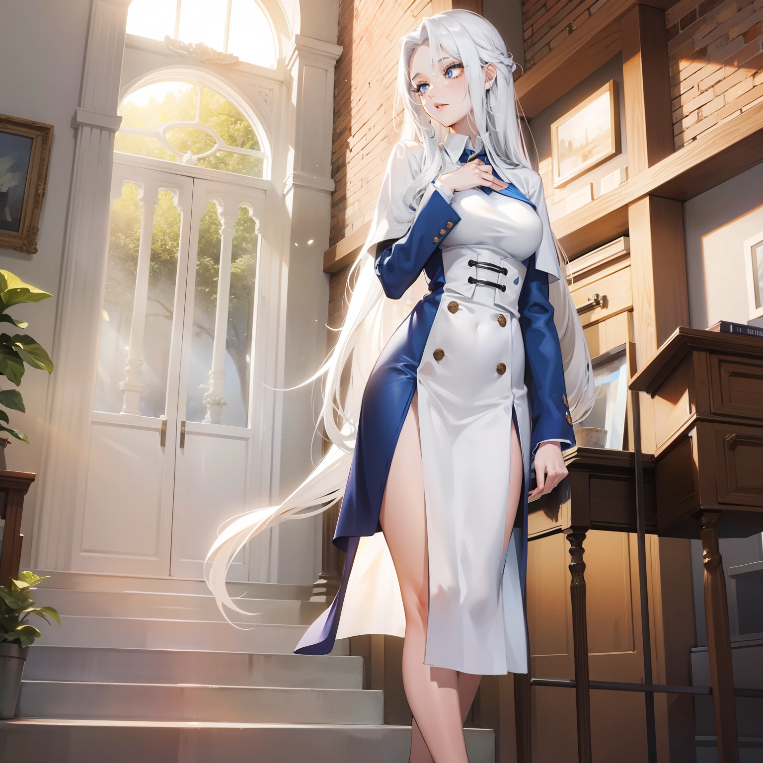 A tall, beautiful woman with white hair at school, White underwear