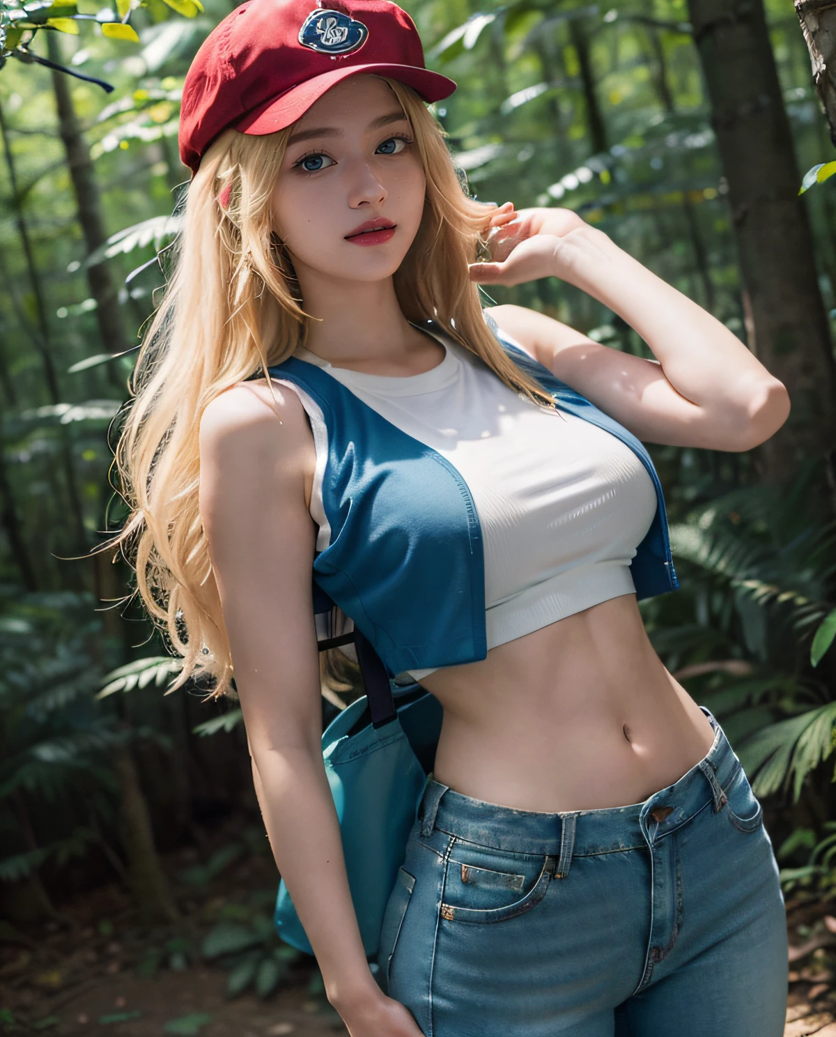 1 chica, (ojos azules), (Sana Minatozaki), (Caderas anchas), tetas grandes, (gran culo), (Mejor calidad, 8k, obra maestra: 1.3), manos perfectas, Enfoque claro: 1.2, Belleza del cuerpo perfecto: 1.4, (ABS fuertes :1.3), muscle, Textura de cara y piel muy detallada., ojos detallados, double eyelids, (pelo largo rubio), (camiseta sin mangas turquesa con escote :1.2), (pantalones cargo cortos marrones :1.2), de pie, dynamic pose, on a dirt road surrounded by vegetation, laguna al fondo