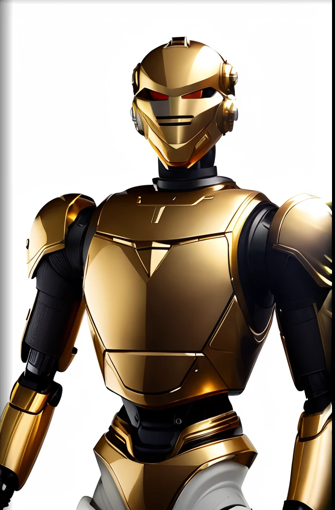 A closeup of a sleek-looking golden robot, metallic bronze skin, exterior de pele lisa, heavy-looking, imagem de corpo inteiro, anthropomorphic robot, s-pose, detailed mechanical parts, mechanical opening eyes, Detailed metal on head, arte steampunk, RETRO PHOTO, Film style, Sci-Fi:, pele dourada lisa, pele dourada elegante, Concept art in film style