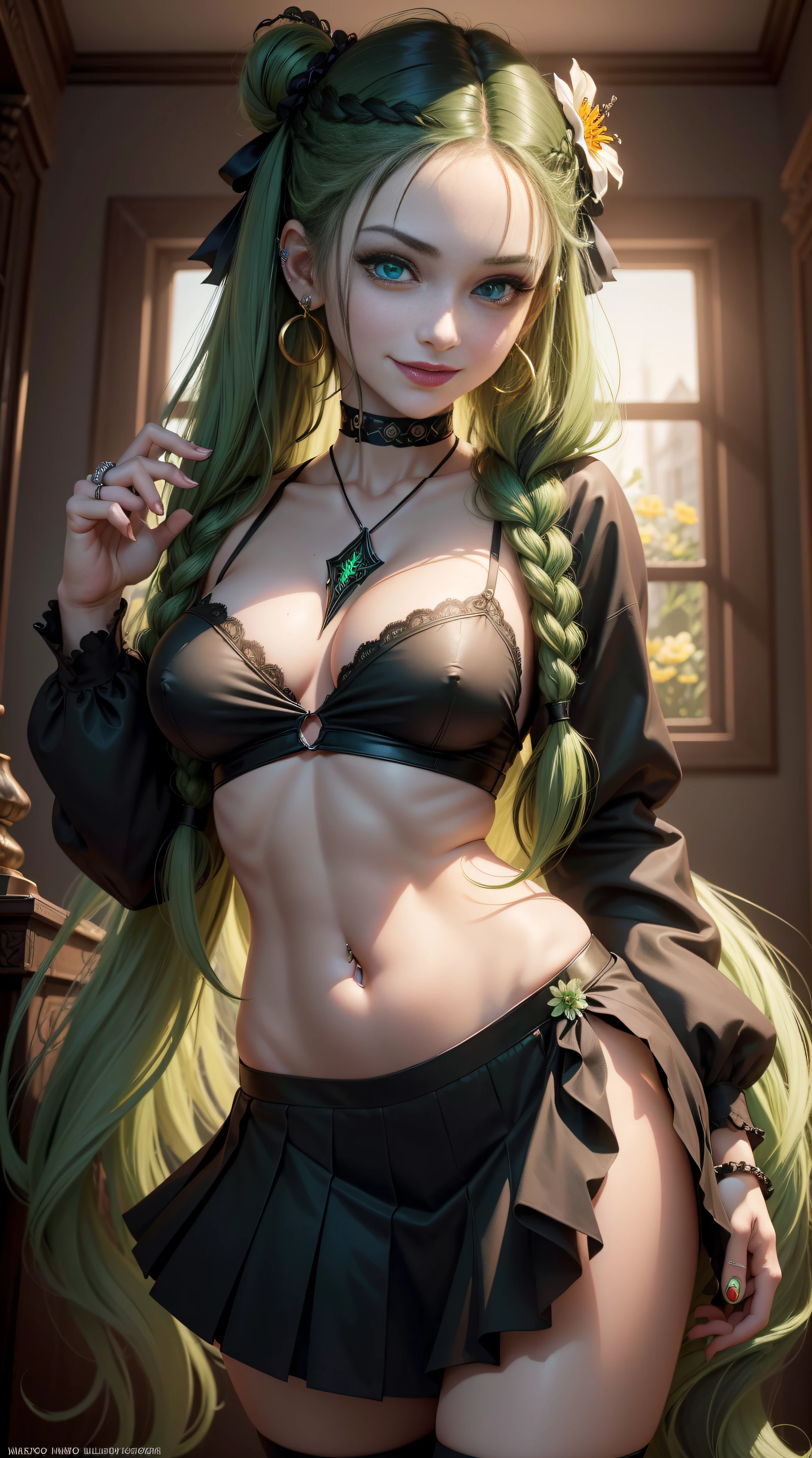 BLACKLIGHT, ((NSFW)), realistic art, extremely delicate and beautiful, ultra-detailed, (1girl), blue eyes, floating, detailed light, illustration, dynamic angle, depth of field, ((((milf)))), girly, long hair, ((green and black hair, multicoloured hair, green highlights hair, twin tails, hair ornament, hair flower, flower, makeup, braid, smile)), vampire eyes, showing fangs, pale white skin, (((Goth School Girl Outfit, long hair, navel, choker, smile, jewelry, earrings))), (ultra high res, best quality,), (8k, raw photo, best quality, masterpiece), technological sense, best quality, masterpiece, illustration,CG ,unity ,wallpaper, official art, Amazing, finely detail, an extremely delicate and beautiful,extremely detailed, highly detailed, sharp focus,rich background, (real person,photograph), ((high detailed skin)),