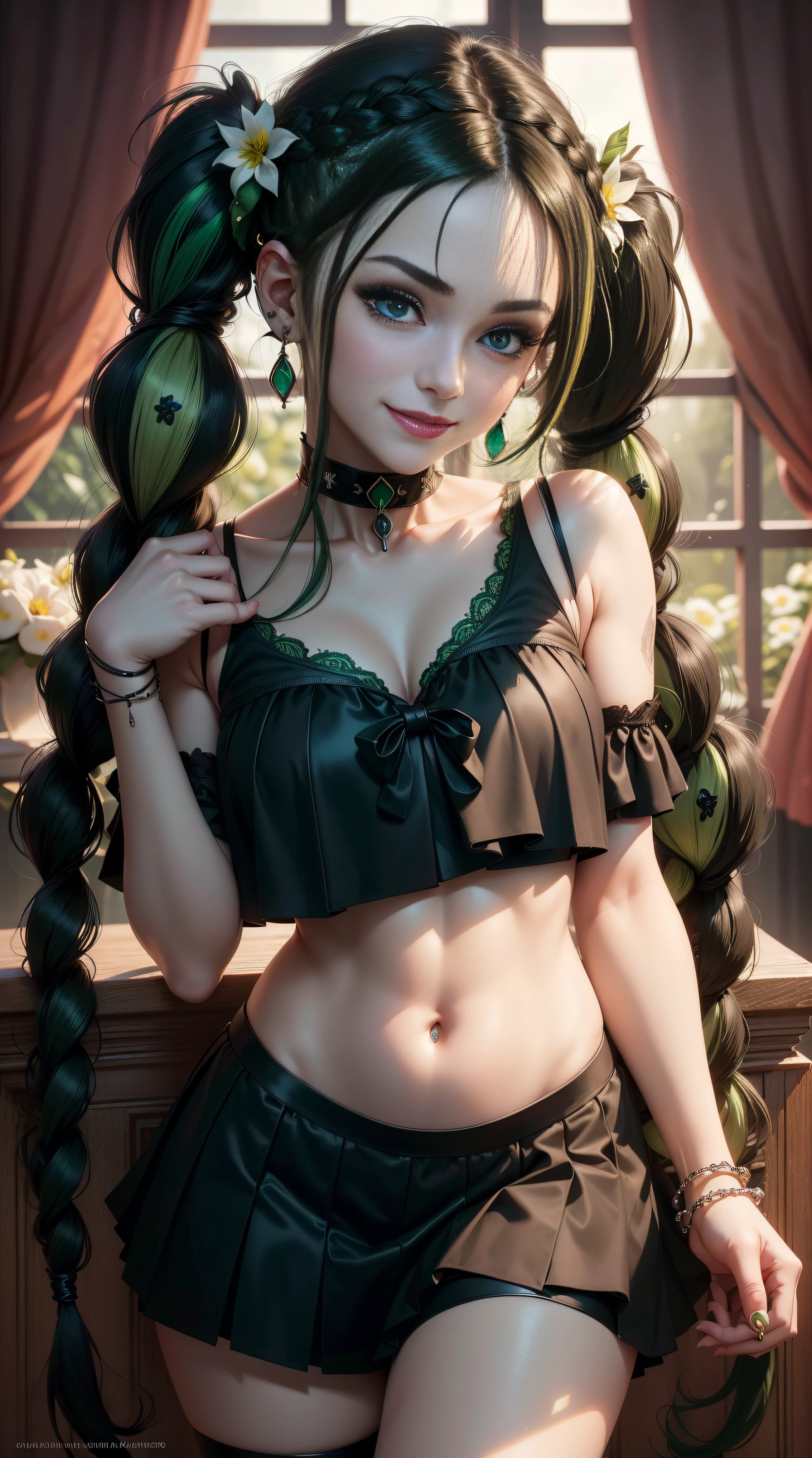 BLACKLIGHT, ((NSFW)), realistic art, extremely delicate and beautiful, ultra-detailed, (1girl), blue eyes, floating, detailed light, illustration, dynamic angle, depth of field, ((((milf)))), girly, long hair, ((green and black hair, multicoloured hair, green highlights hair, twin tails, hair ornament, hair flower, flower, makeup, braid, smile)), vampire eyes, showing fangs, pale white skin, (((Goth School Girl Outfit, long hair, navel, choker, smile, jewelry, earrings))), (ultra high res, best quality,), (8k, raw photo, best quality, masterpiece), technological sense, best quality, masterpiece, illustration,CG ,unity ,wallpaper, official art, Amazing, finely detail, an extremely delicate and beautiful,extremely detailed, highly detailed, sharp focus,rich background, (real person,photograph), ((high detailed skin)),