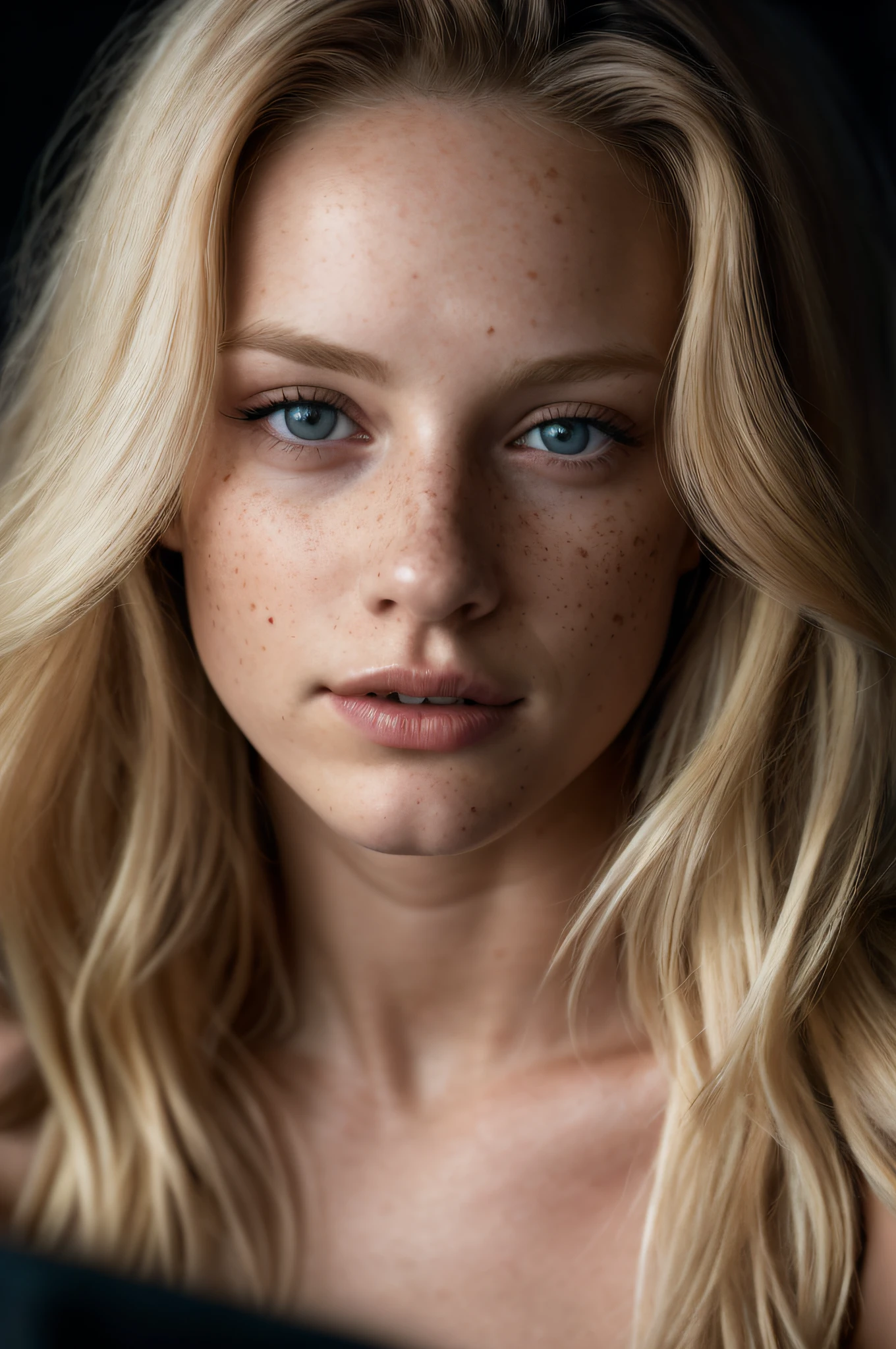 (close-up, editorial photograph of a 21 year old blond woman with freckles), (highly detailed face:1.4) (smile:0.7) (background inside dark, moody, private study:1.3) POV, by lee jeffries, nikon d850, film stock photograph ,4 kodak portra 400 ,camera f1.6 lens ,rich colors ,hyper realistic ,lifelike texture, dramatic lighting , cinestill 800,