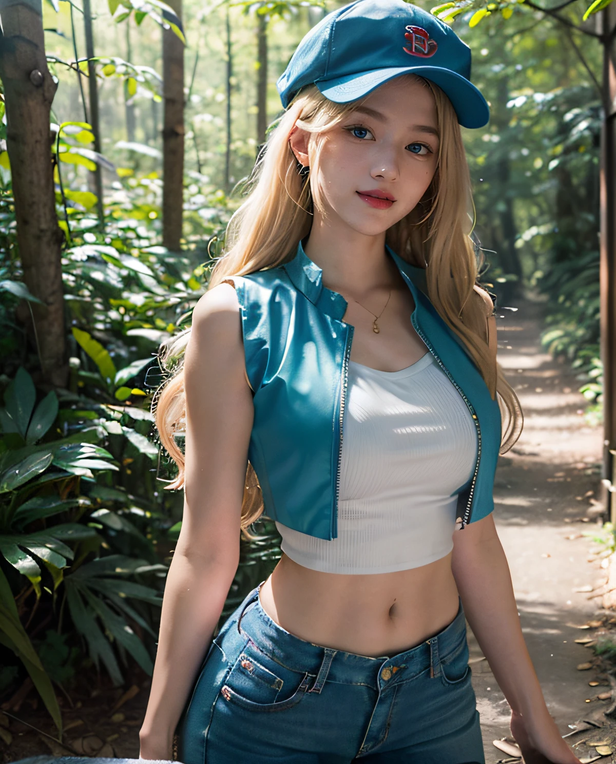 1girl, (Blue eyes), smiling, (Sana Minatozaki), wide hips, Big Boobs, big ass, (Best Quality, 8k, Masterpiece: 1.3), Clear Focus: 1.2, Perfect Body Beauty: 1.4, Slender Abs: 1.2, Highly detailed face and skin texture, detailed eyes, double eyelids, red lips, (blonde long hair), white t-shirt, (blue vest :1.2), (tight jeans), (red sports cap), (green backpack), standing, (in a forest), trees in the background, deep on field