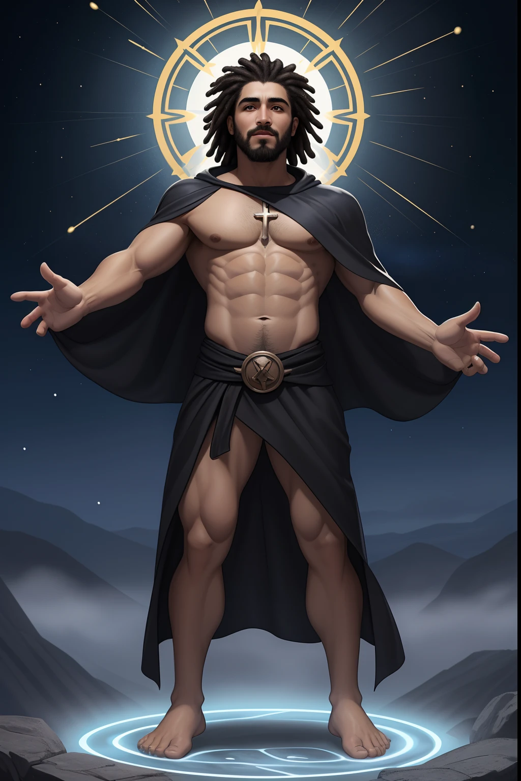 um homem negro Moreno ReiJesus Cristo, behind a cross in the background at the bottom of the image appears a cross, Phoenix Jesus, Moreno, de cabelo afro cabelo caindo para frente, Rasta type but braided,tiro de corpo inteiro, Olhos firmes, olhando para frente, Lightning in the sky, arms extended, olhando para frente, parado no topo de uma montanha, manto e capa vermelhos, cruz brilhante no a , Perfect Summoning Body, barefoot, Levitando, Hooded robes and arms raised on a broken earth;, luz de lava brilhante de baixo do campo de asteroides (rochas irregulares, pedregulhos e detritos disparando para o com , 4K realista com penas laranjas, Cosmic Blue. with a serious expression and looking forward, corpo inteiro. uma co com seios lindos corpo perfeito, is beautiful a destination with ,expression vario cosmic fallen angel, olhos claros brilhantes, Biomechanicals, estranho, assustador, pesadelo, cores muito brilhantes, light particles, com luz brilhante, Mshiff, Arte do papel de parede, papel de parede uhd