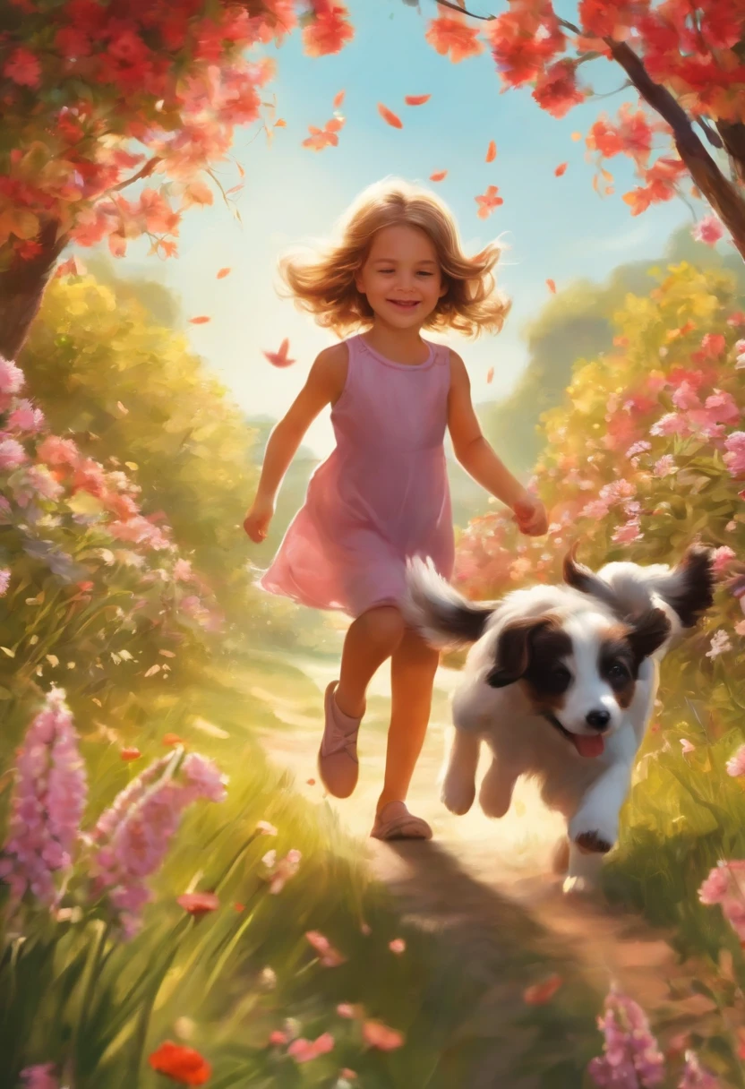 Tip: A very charming girl with a backpack and her cute puppy enjoying a beautiful spring walk surrounded by beautiful flowers and yellow birds and nature. The illustration is a high-definition illustration in 4K resolution, featuring highly detailed facial features and cartoon-style visuals.