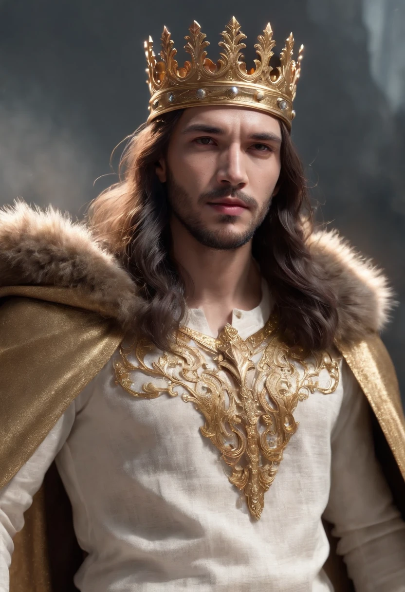 (Professional 3D Rendering:1.3) da (Realistic:1.3) The most beautiful artistic picture in the world,((Epic hero, Raw fantasy, Stop that, Nice look, smiled, black hair, Light beard and strong expression in dynamic mode, walking, The site is in darkness with fire and sparks on the right side, Majestic cluttering environment)), 8K full body module display, action shot, pores skin, very dark lighting, Heavy shading, Detailed, detailed face, (vibrating, Realistic photography, Realistic, dramatic, dark, sharp focus, 8k), (King's clothes, ((Wear a gold crown on your head)); Majestic cloak, His cloak is kings and a white linen shirt:1.4), (complex:1.4), Decadent, (A highly detailed:1.4), digital illustation, Apply by Octane, concept art, downy, sharp focus, illustration, Germ of art, (Loish:0.23), (global illumination, Studio Light, Light size), floating particles, fantaisie, full-body,