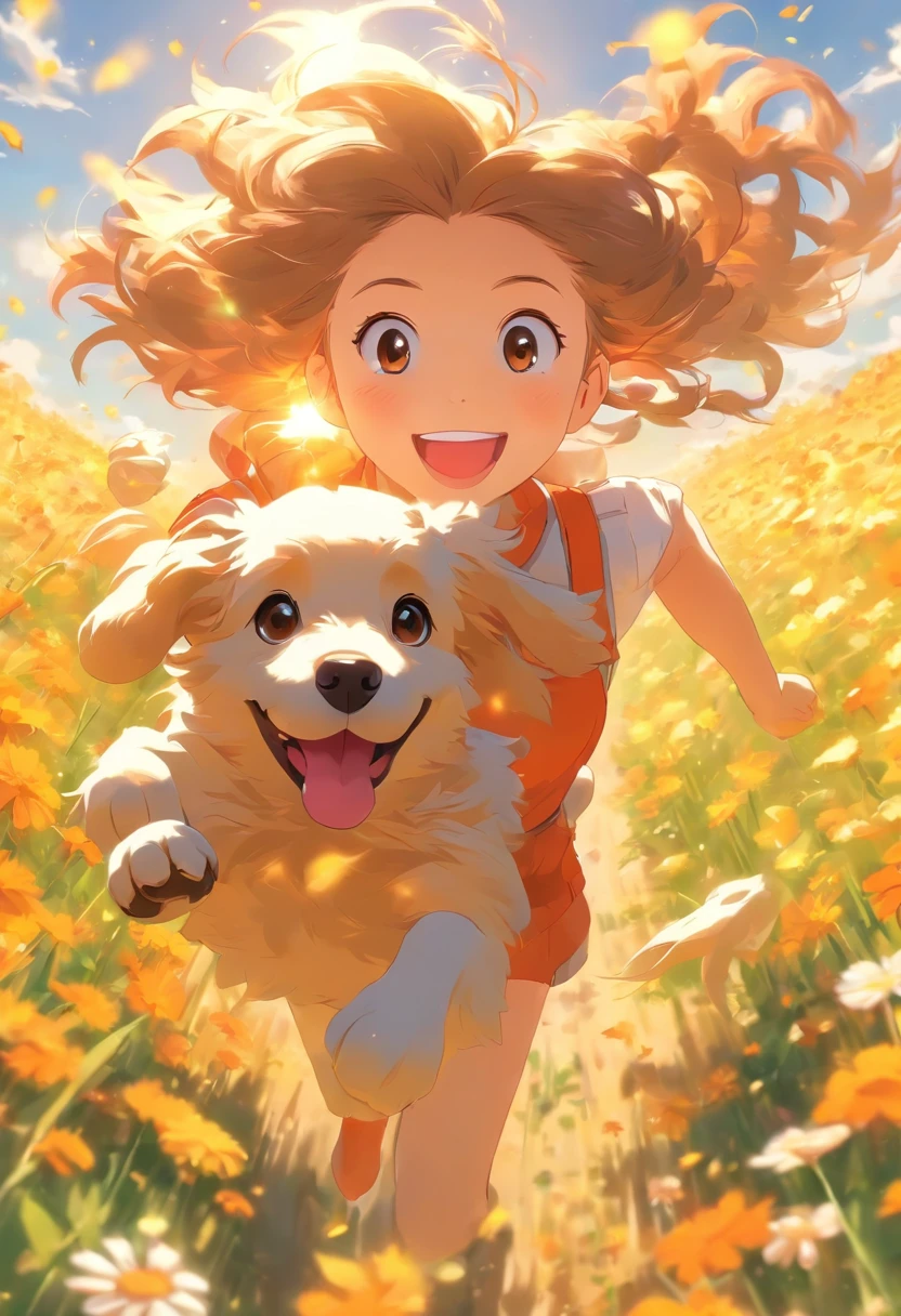 sunny clear sky,Splendid flowers bloom,Girl running happily with puppy in field