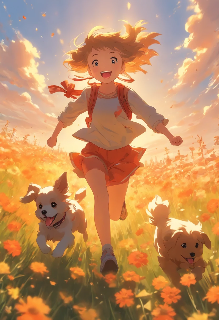 sunny clear sky,Splendid flowers bloom,Girl running happily with puppy in field