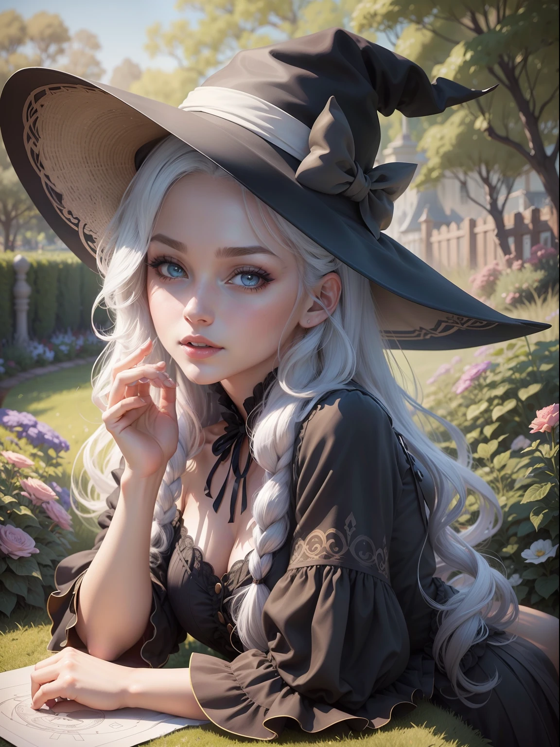 Disney Witch with hat,portrait, beautiful realistic face ,beautiful eyes, beautiful dress, in the garden , Different poses, Different hair styles,anime style,coloring page, outline art, outline drawing line art , white background, thin lines, drawing style, centered.