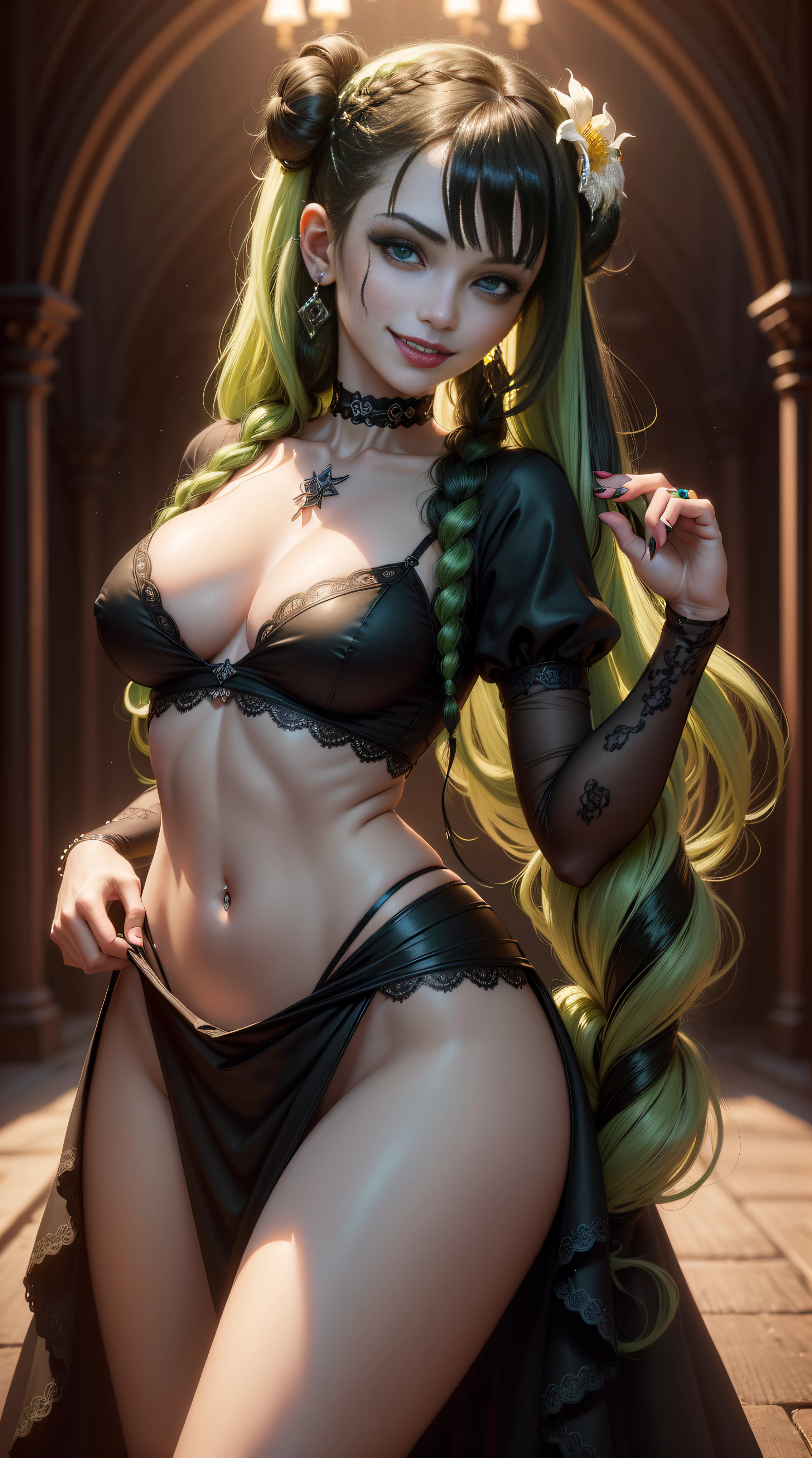 BLACKLIGHT, ((NSFW)), realistic art, extremely delicate and beautiful, ultra-detailed, (1girl), blue eyes, floating, detailed light, illustration, dynamic angle, depth of field, ((((milf)))), girly, long hair, ((green and black hair, multicoloured hair, green highlights hair, twin tails, hair ornament, hair flower, flower, makeup, braid, smile)), vampire eyes, showing fangs, pale white skin, (((Goth Ball Gown, long hair, navel, choker, smile, jewelry, earrings))), (ultra high res, best quality,), (8k, raw photo, best quality, masterpiece), technological sense, best quality, masterpiece, illustration,CG ,unity ,wallpaper, official art, Amazing, finely detail, an extremely delicate and beautiful,extremely detailed, highly detailed, sharp focus,rich background, (real person,photograph), ((high detailed skin)),