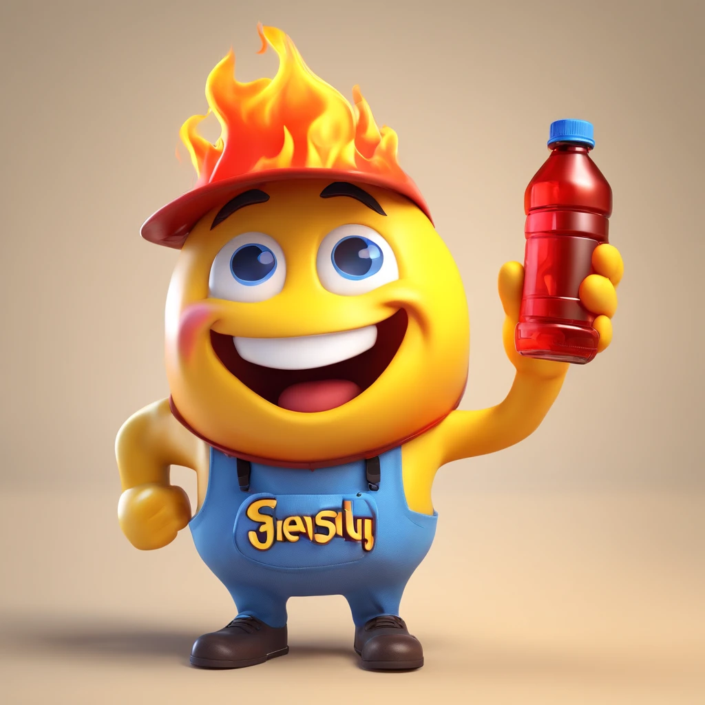 A happy emoji holding a bottle containing gasoline, with a cloth in its mouth on fire. 3d style, emoji movie, whatsapp