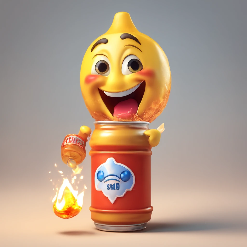 A happy emoji holding a bottle containing gasoline, with a cloth in its mouth on fire. 3d style, emoji movie, whatsapp
