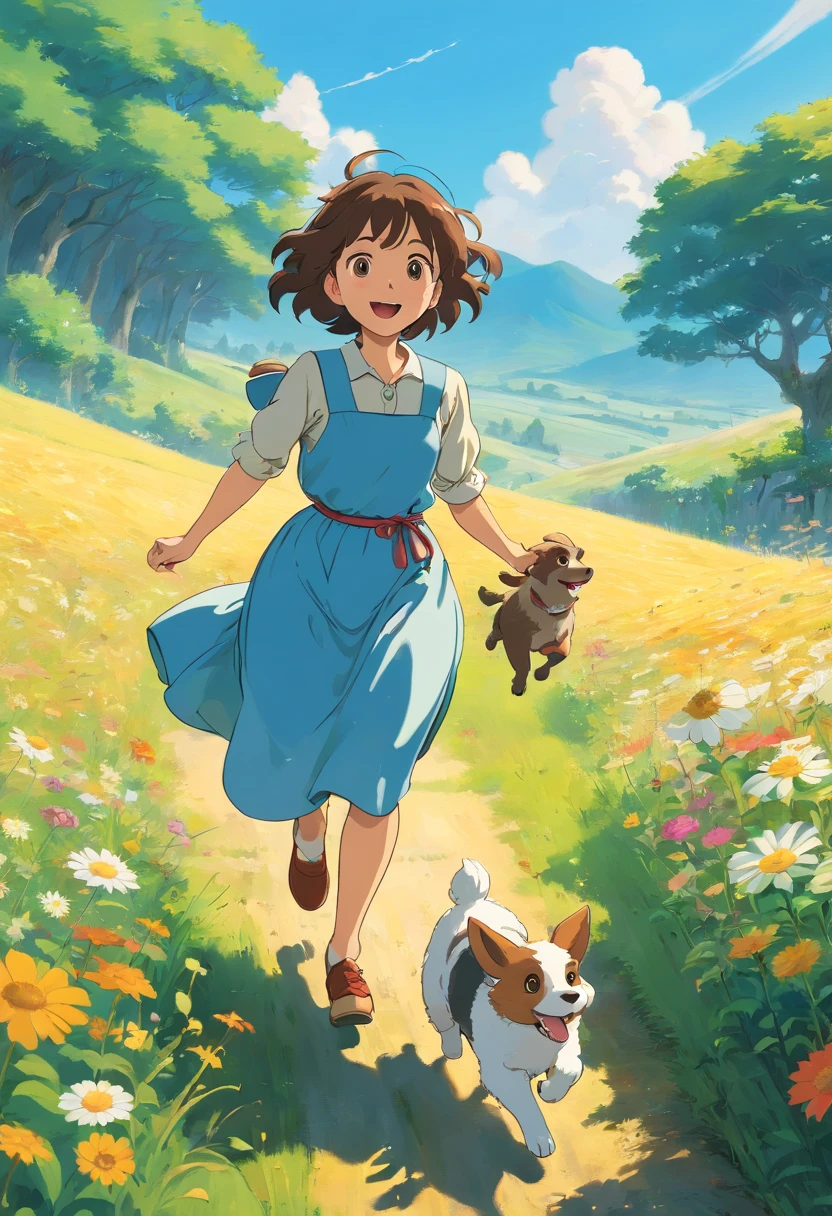 sunny clear sky，Splendid flowers bloom，Girl in long skirt running happily with puppy in field