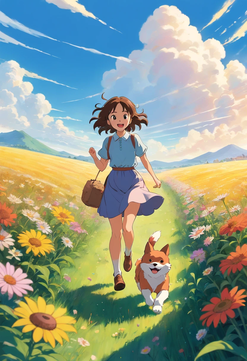 sunny clear sky,Splendid flowers bloom,Girl in long skirt running happily with puppy in field