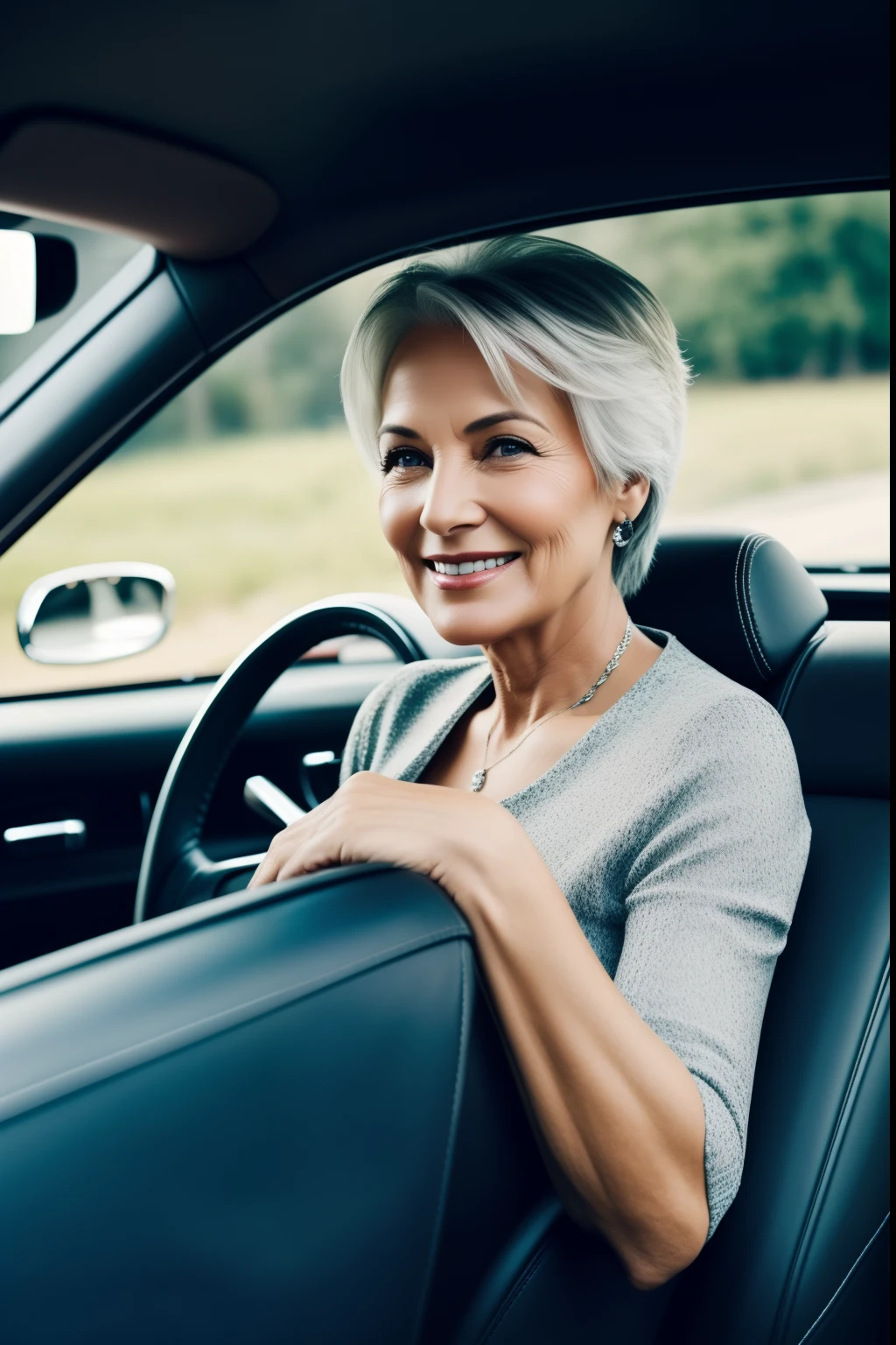 I need an image that contains a woman in her 50s(50 years old) in a car, driving. With your hands on the steering wheel of the car. She needs to be VERY HAPPY