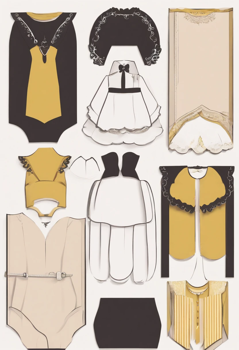 Uma imagem de boneca de papel para cortar e vestir no estilo Paper Dolls com roupas separadas, also made of paper, which will be cropped to be attached to the doll image using folded paper tabs.