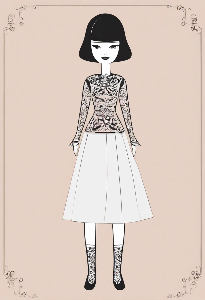 Uma imagem de boneca de papel para cortar e vestir no estilo Paper Dolls com roupas separadas, also made of paper, which will be cropped to be attached to the doll image using folded paper tabs.