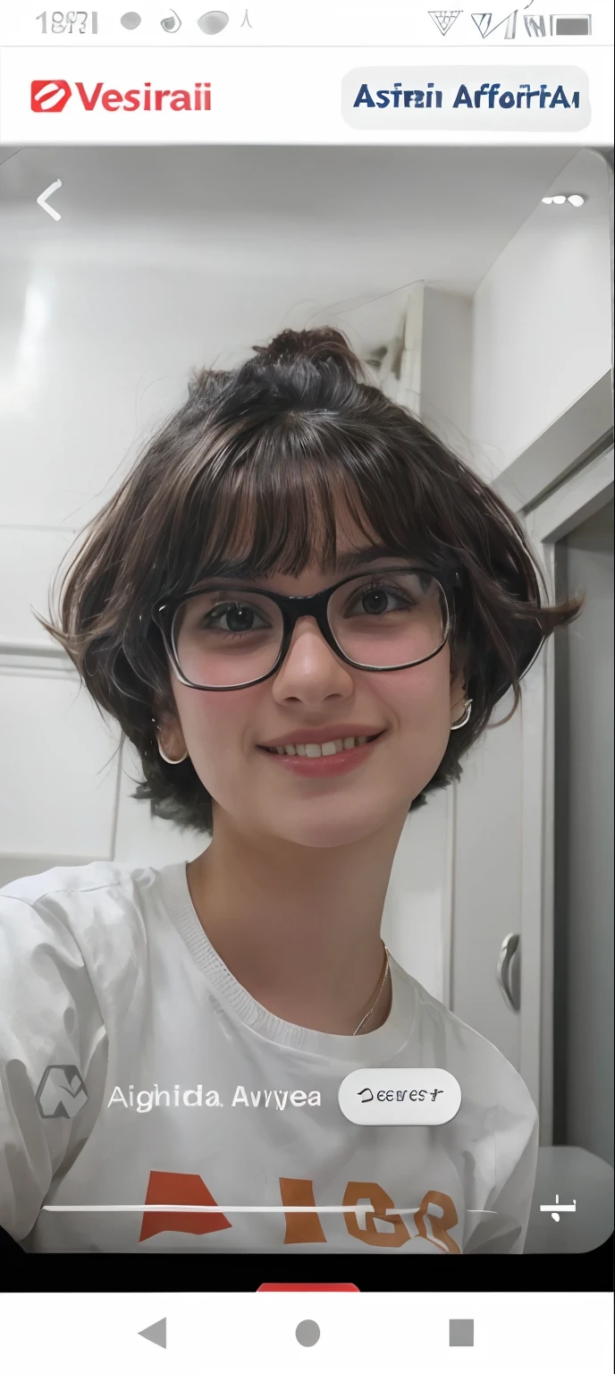 A close-up of a person wearing glasses on a cell phone, 18 years old, 1 6 years, valentina revolver, Parece Fabiula Nascimento, con el pelo corto, Linda sonrisa ligeramente nerd, by Nándor Katona, Aykut Aydogdu, fernanda suarez, Imagen de perfil, 19 year old girl