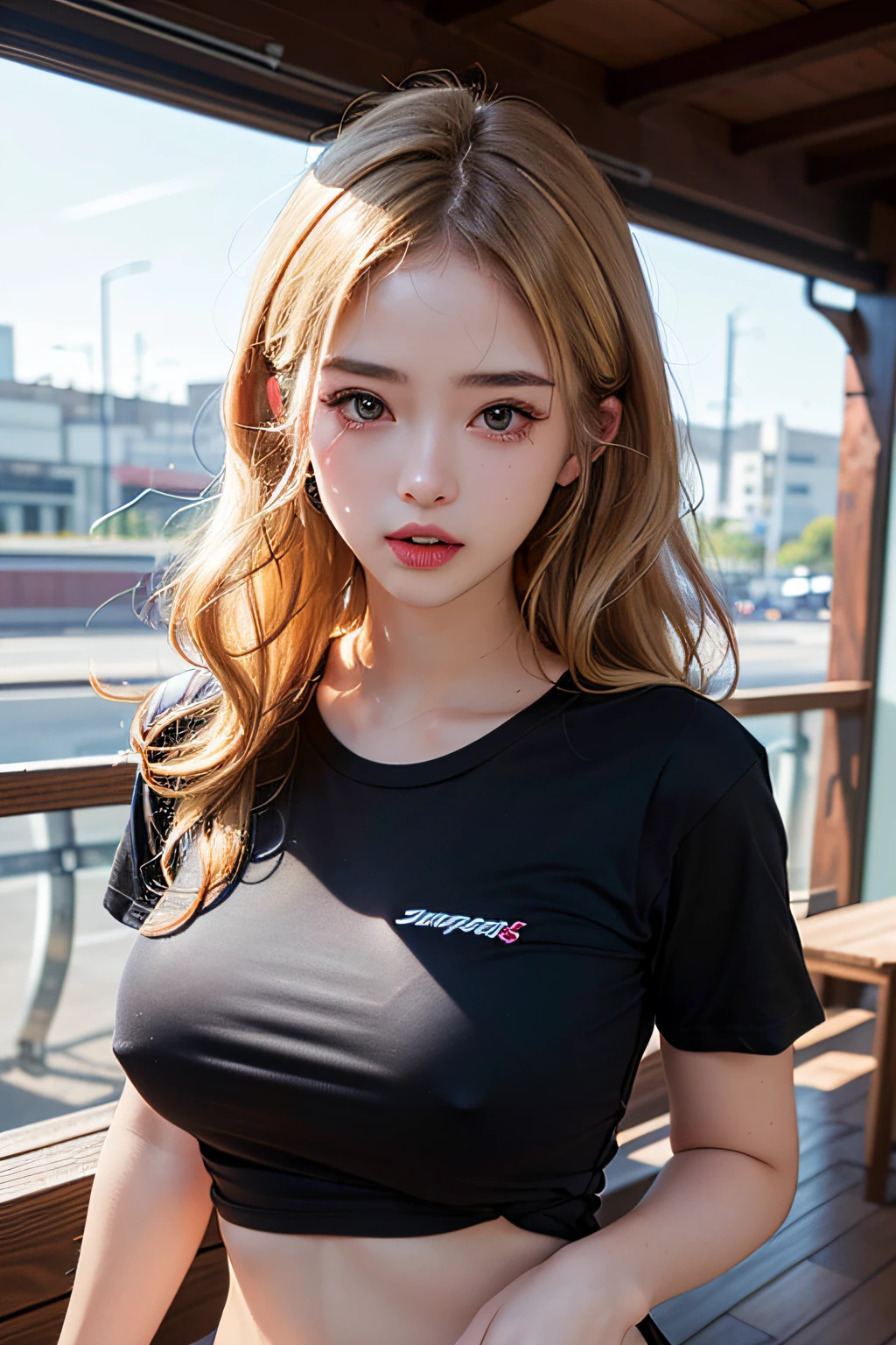 (1girl)、Big big tits、Breasts、sunburnt、Expose muscles、Sweat muscles、Wavy blonde hair、Nylon T-shirt、Punk Girl、DARK hair、pubic hair is transparent、Erotic、skimpy、